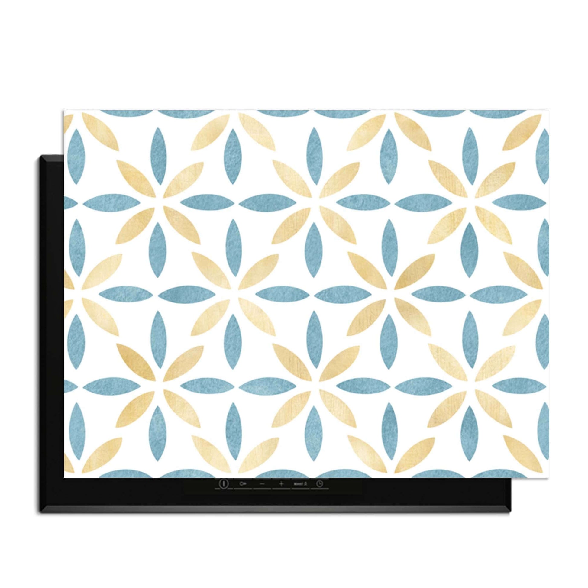 Petal White Tile - Herdabdeckplatte mit goldenem und azurblauem Blumendesign, schützt Induktionskochfelder mit Stil.