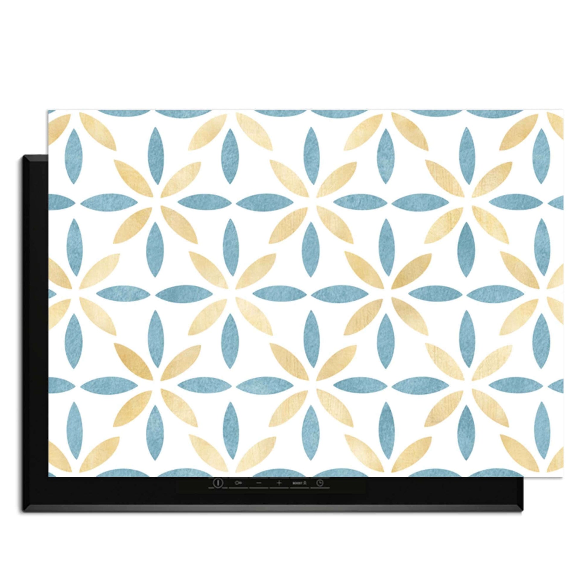 Petal White Tile - Herdabdeckplatte mit goldenem und azurblauem Blumenmuster, Herdabdeckplatte für die elegante Küche