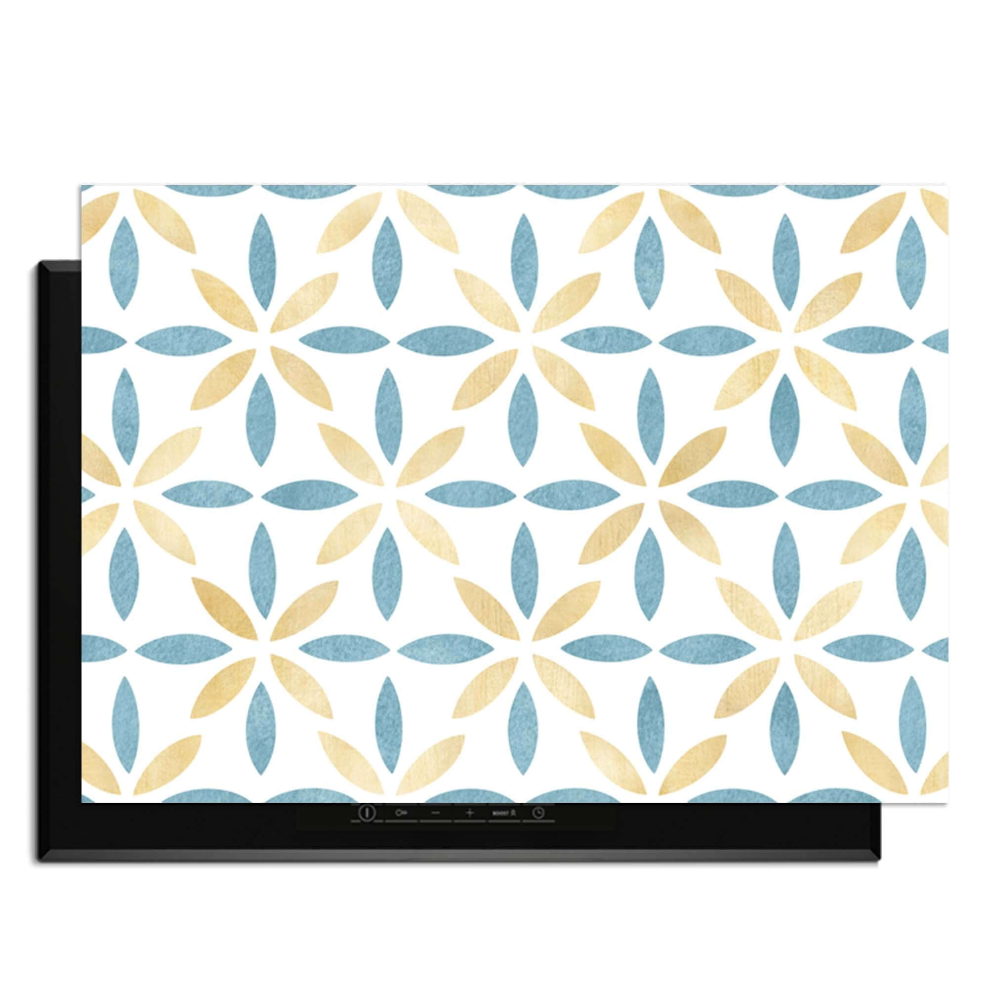 Petal White Tile - Herdabdeckplatte mit goldenem und azurblauem Blumenmuster, Herdabdeckplatte für die elegante Küche