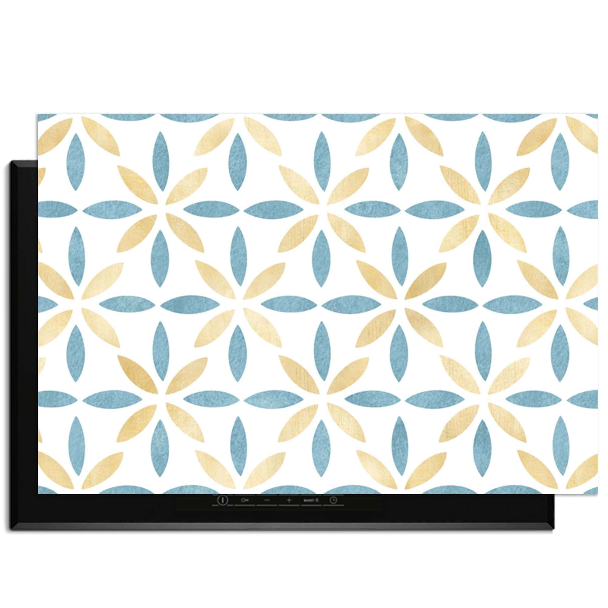 Petal White Tile - Herdabdeckplatte mit goldenem und azurblauem Blumenmuster, Schutz für Induktionskochfelder, elegantes Küchenzubehör.