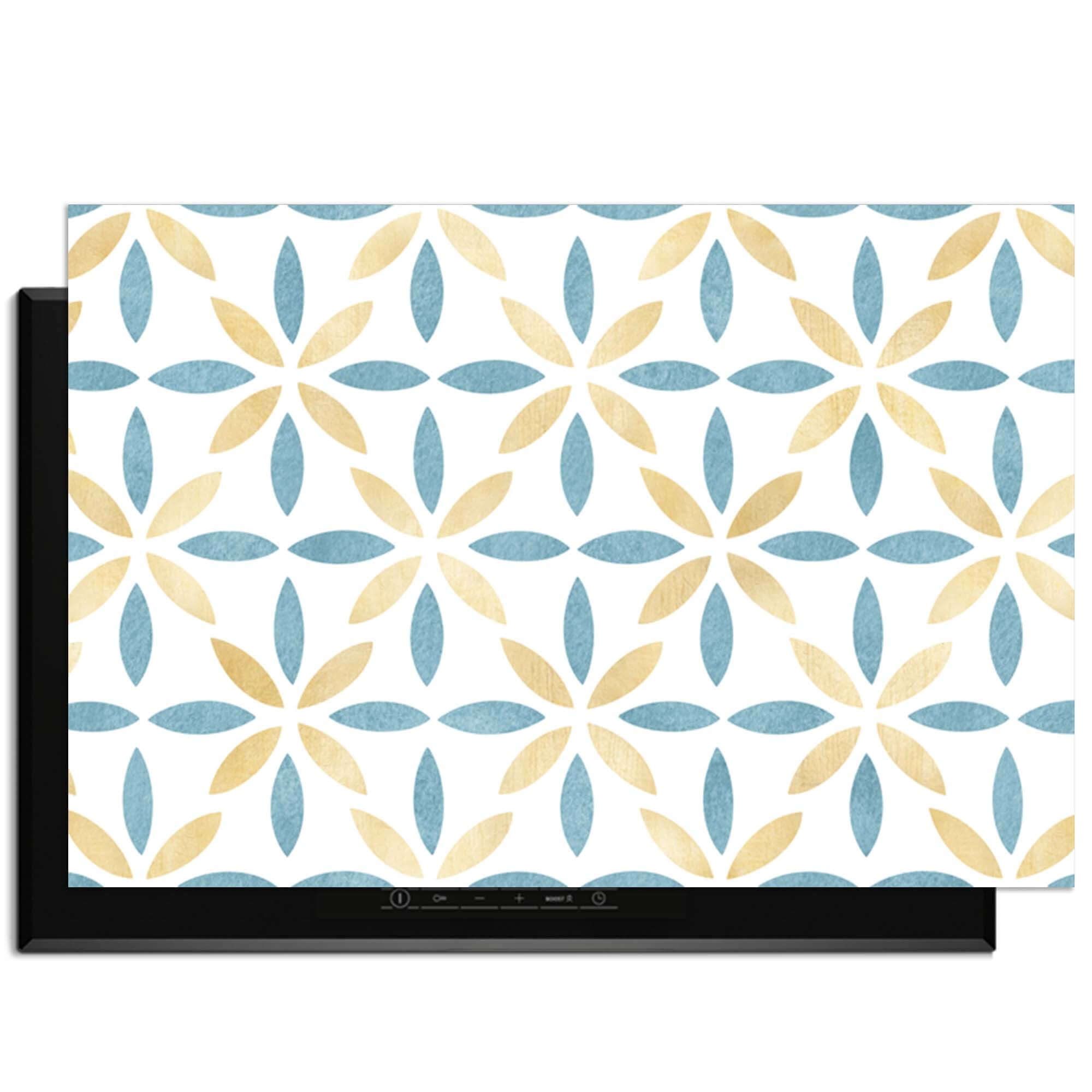 Petal White Tile - Herdabdeckplatte mit goldenem und azurblauem Blumenmuster, Schutz für Induktionskochfelder, elegantes Küchenzubehör.