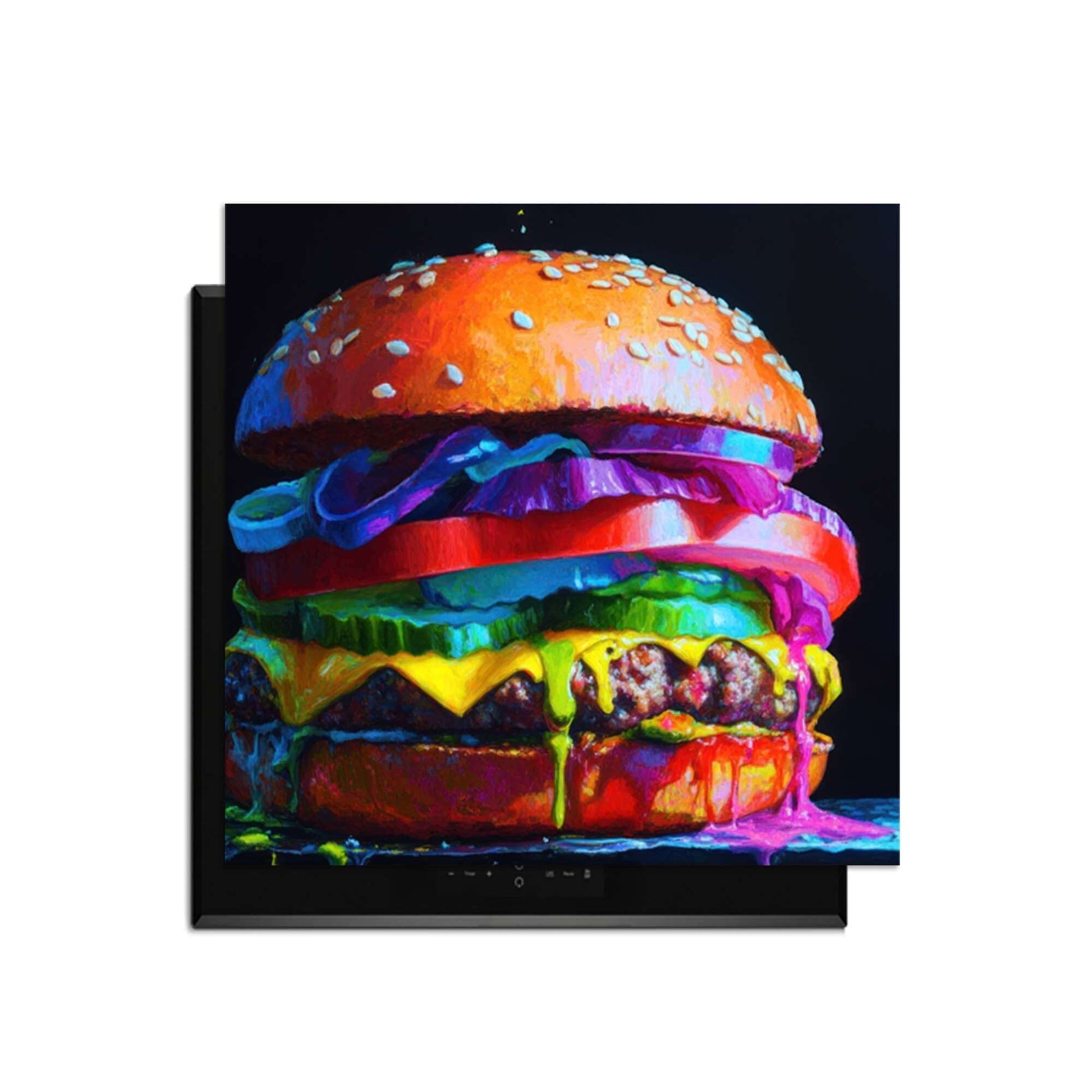 Pop Art Burger - Herdabdeckplatte, bunte Burger-Kunst zum Schutz von Induktionskochfeldern.