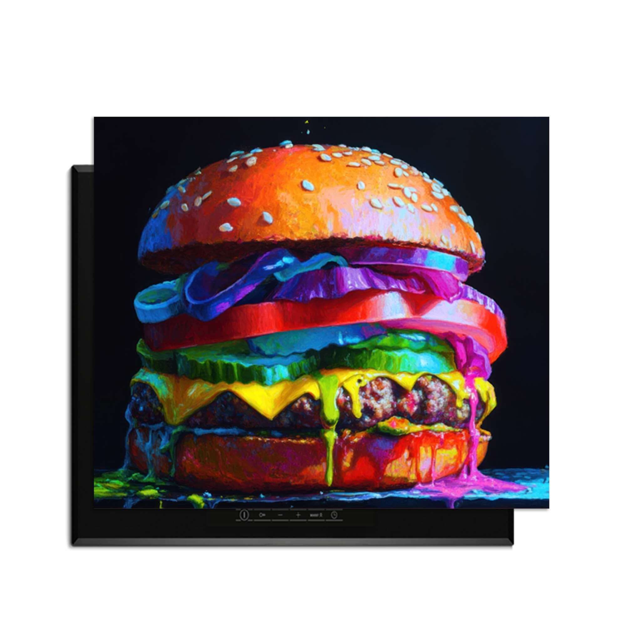 Pop Art Burger - Herdabdeckplatte mit buntem Hamburger-Design zum Schutz von Induktionskochfeldern.