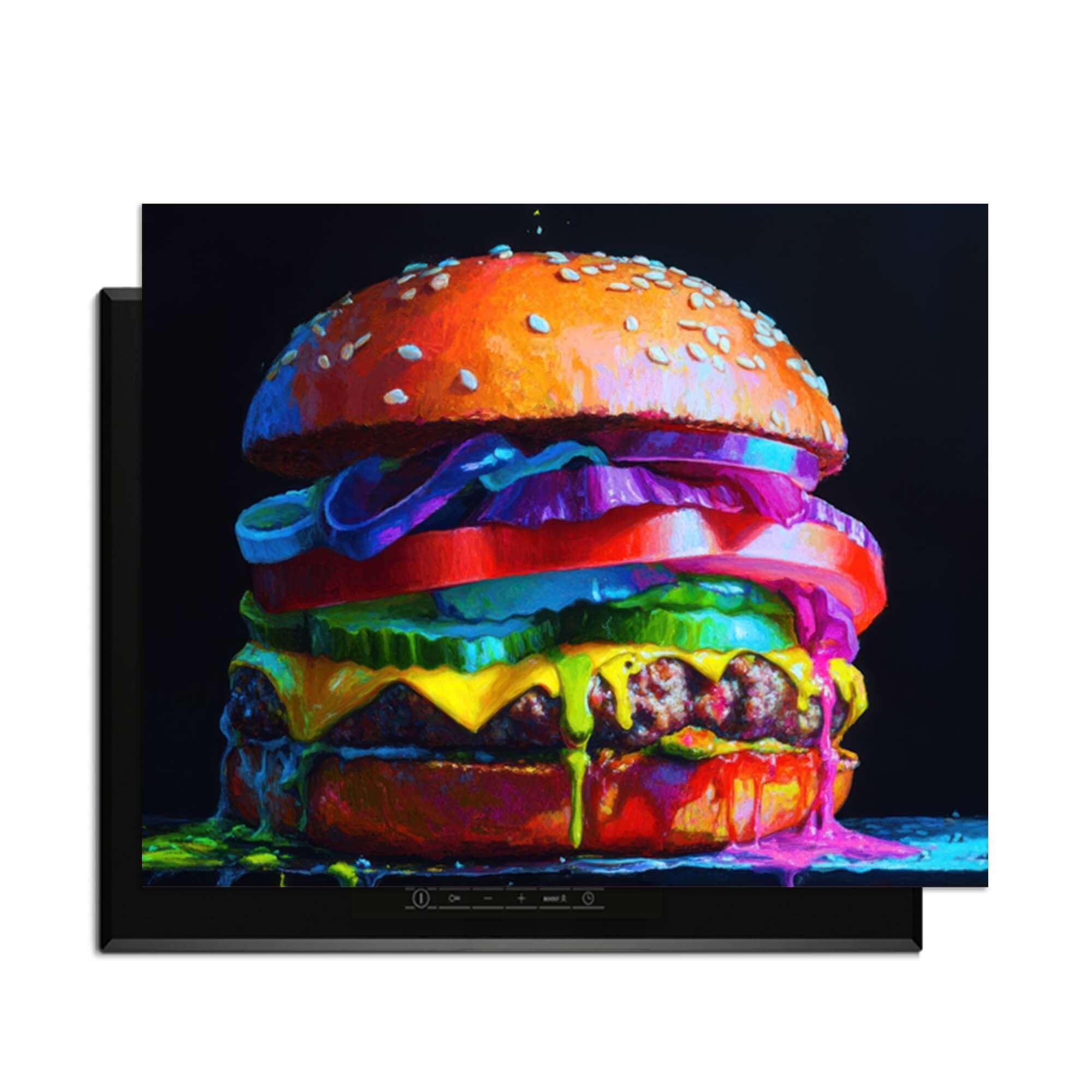 Pop Art Burger - Herdabdeckplatte Bild mit buntem Burger auf Induktionskochfeld.