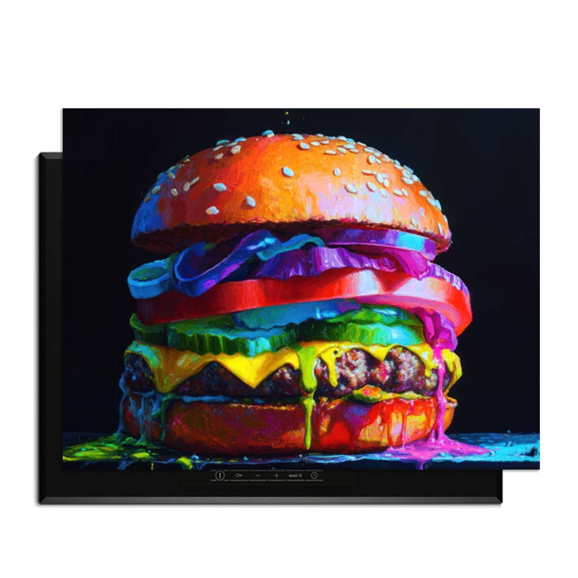 Pop Art Burger - Herdabdeckplatte mit buntem Gemüse und Käse auf schwarzem Hintergrund.