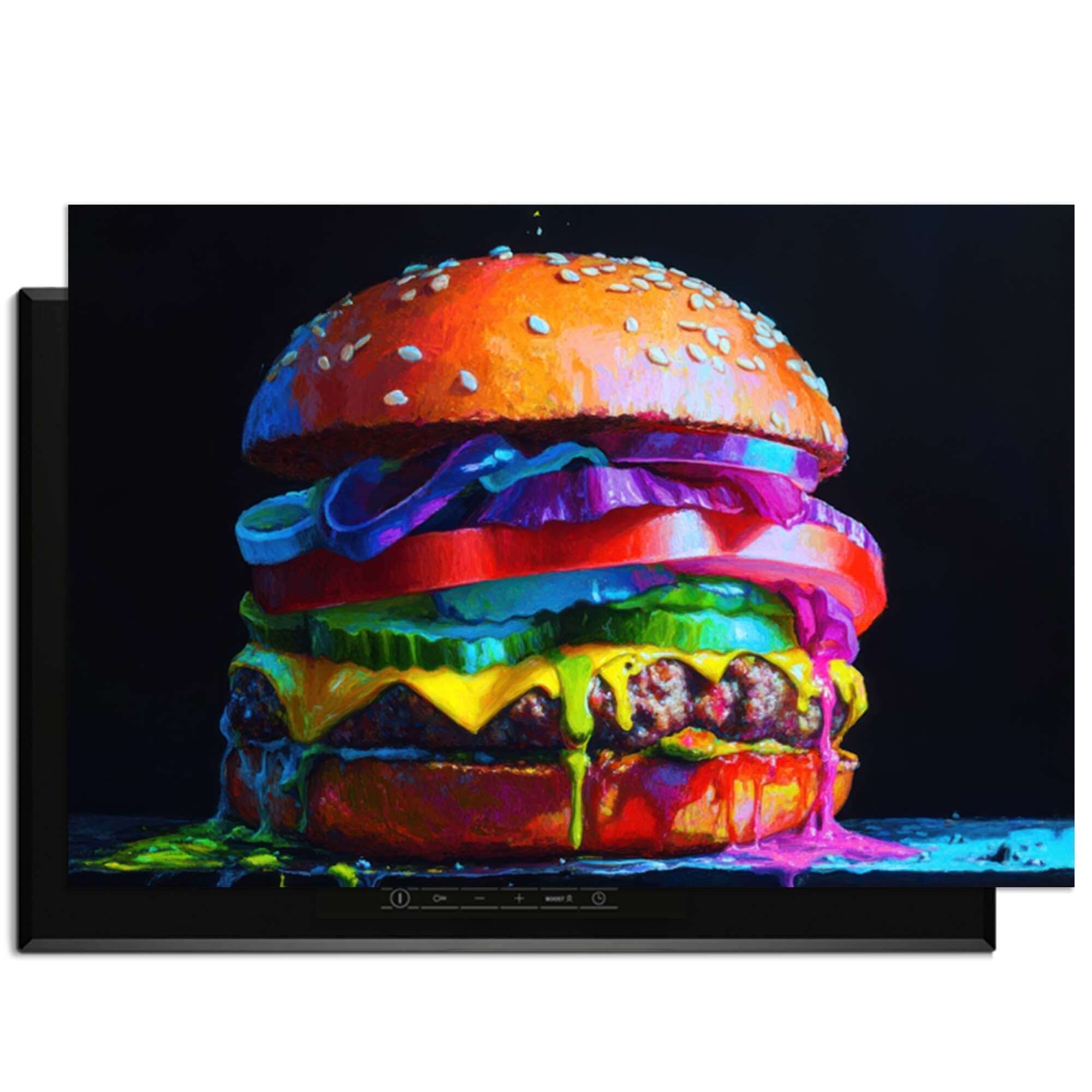 Pop Art Burger - Herdabdeckplatte mit buntem Burgerdesign, Schutz für Induktionskochfelder.