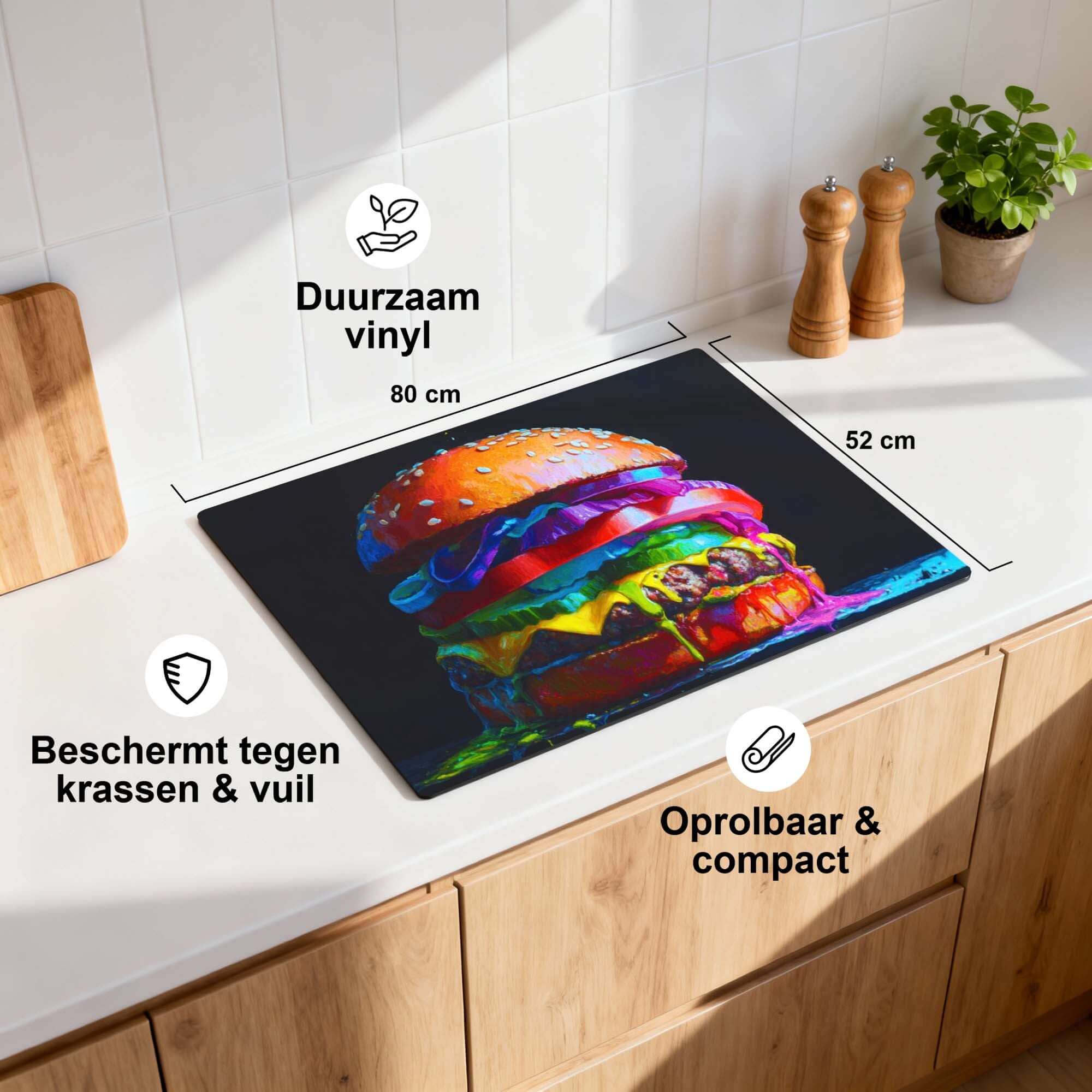 Pop Art Burger - Kitchen Herdabdeckplatte, strapazierfähiges Vinyl, schützt vor Kratzern und Schmutz.