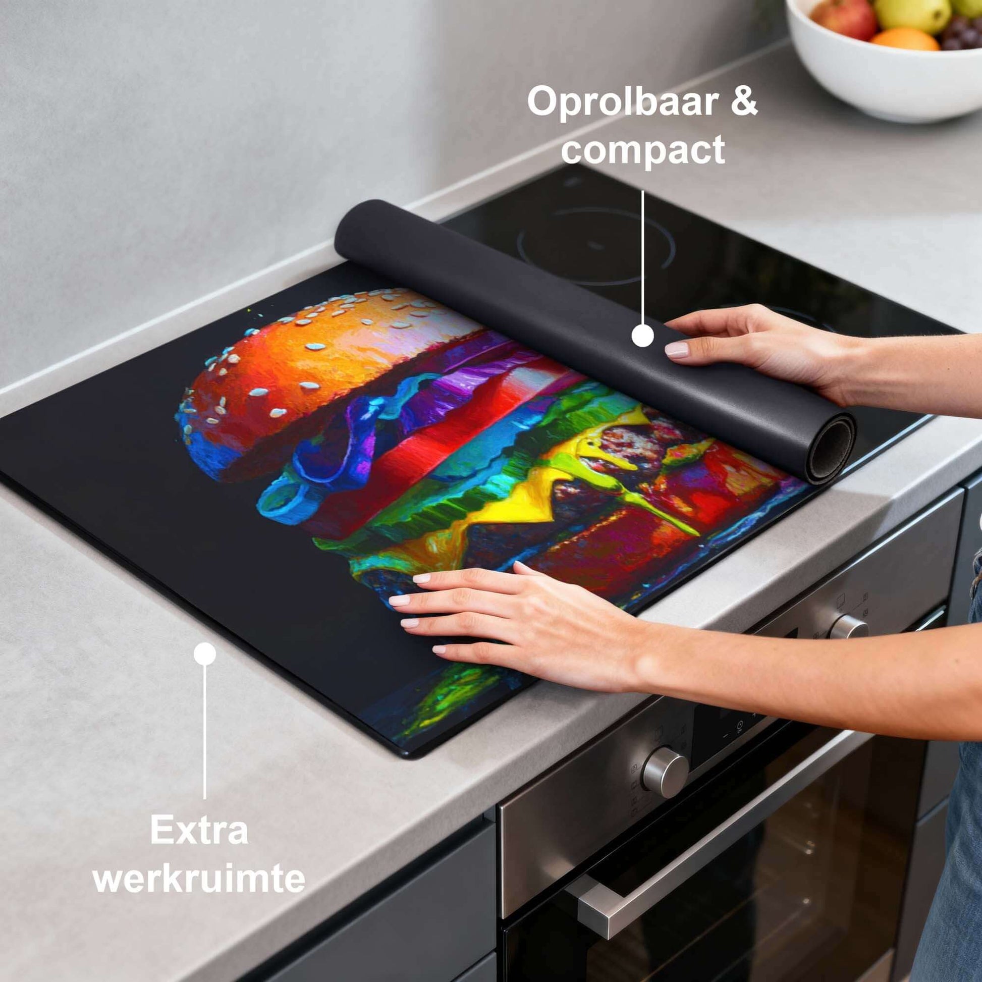 Pop Art Burger - Herdabdeckplatte für zusätzliche Arbeitsfläche und Küchenschutz, rollbar und kompakt.