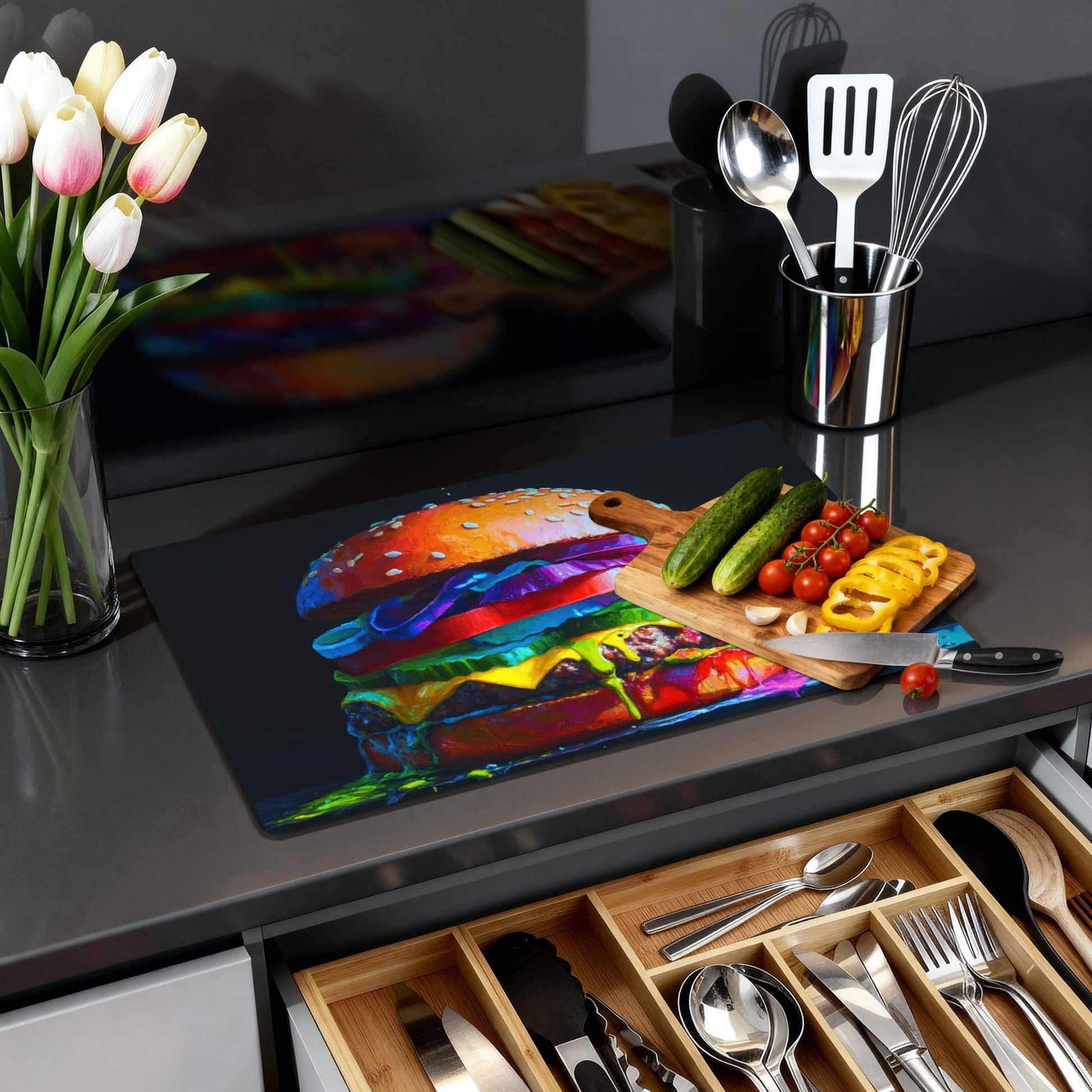 Pop Art Burger - Herdabdeckplatte auf einer modernen Küchenarbeitsplatte mit Gemüse und Utensilien.