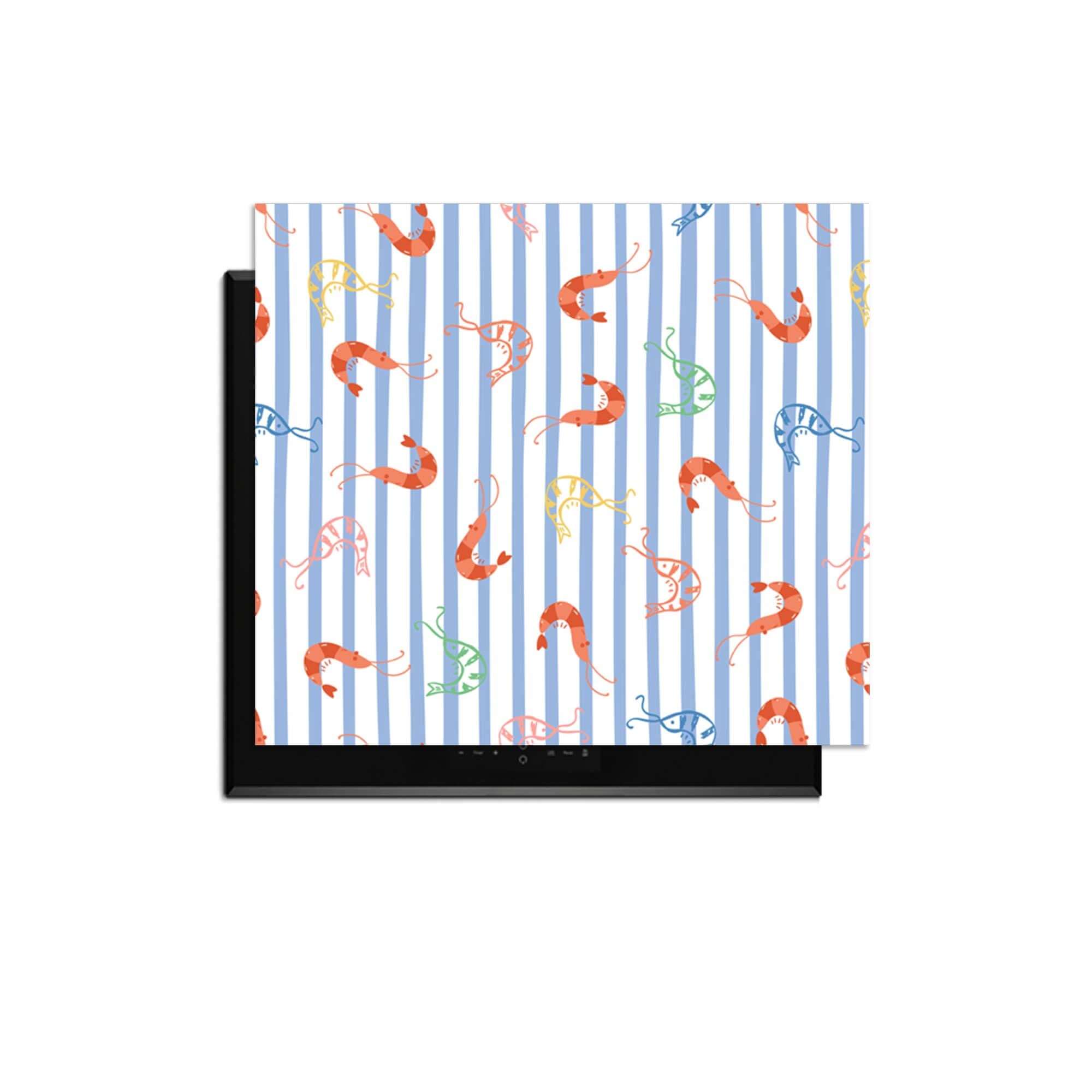 Prawn Stripes - Herdabdeckplatte mit fröhlichen Garnelenillustrationen und mediterranen Streifen, verspieltes italienisches Design für Induktionskochfelder.