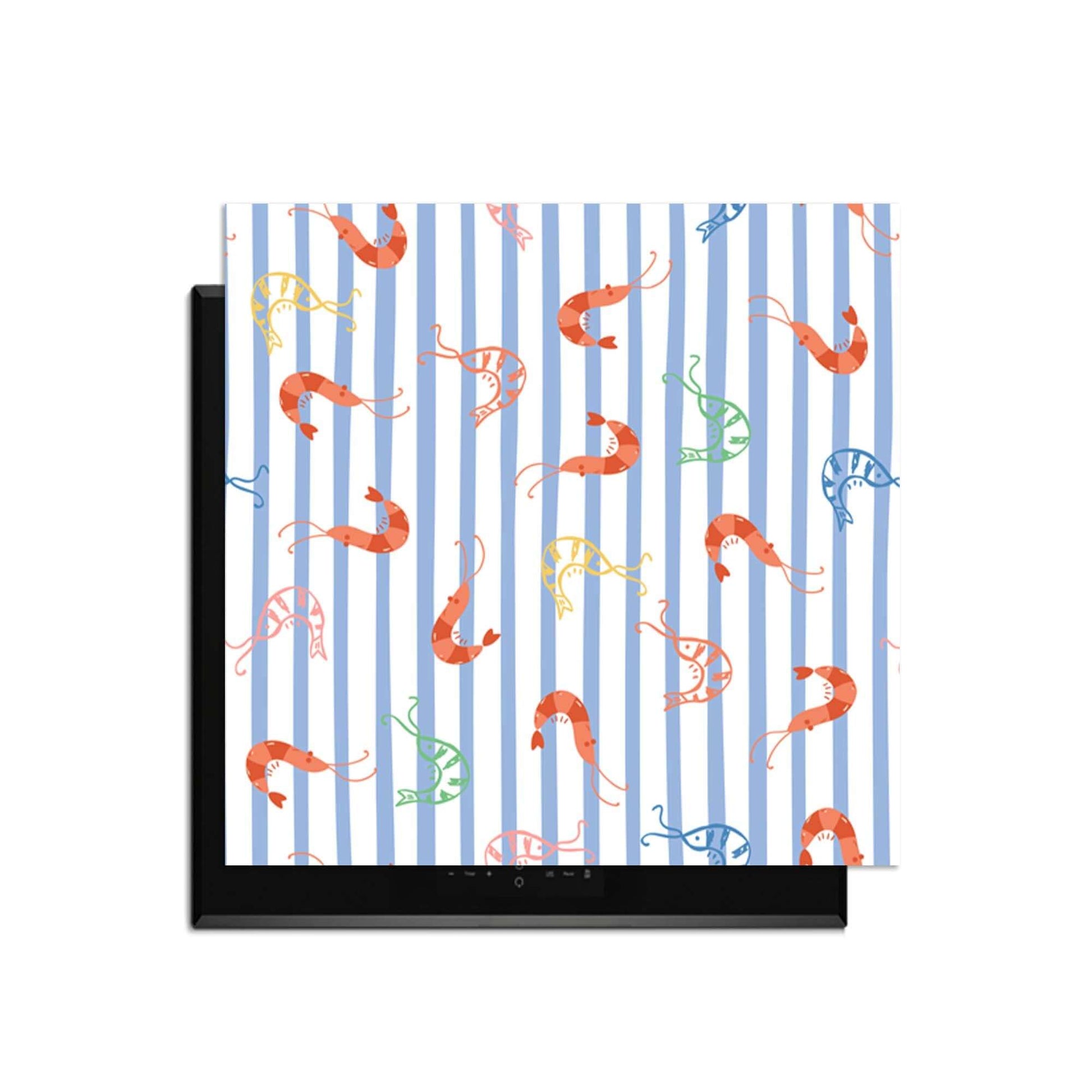 Prawn Stripes - Herdabdeckplatte mit fröhlichen Krabben-Illustrationen und mediterranen Streifen, stilvolles Küchendesign.
