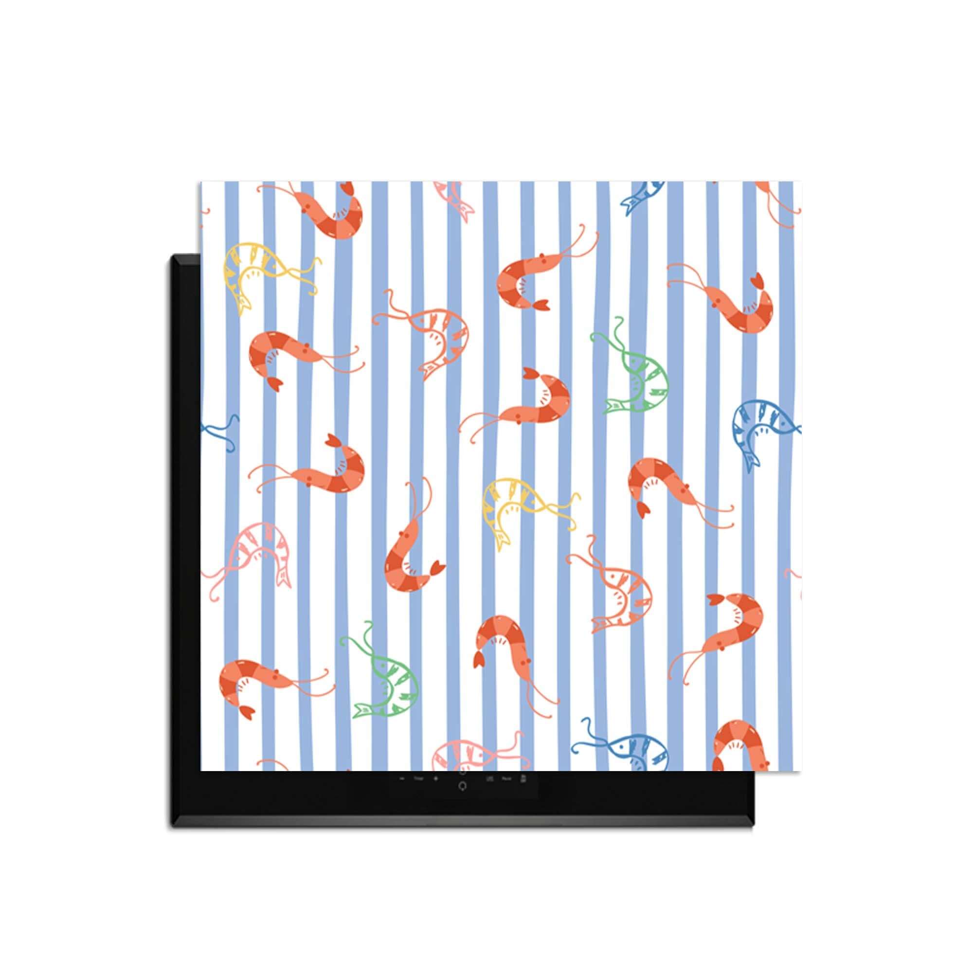Prawn Stripes - Herdabdeckplatte mit fröhlichen Krabben-Illustrationen und mediterranen Streifen, stilvolles Küchendesign.