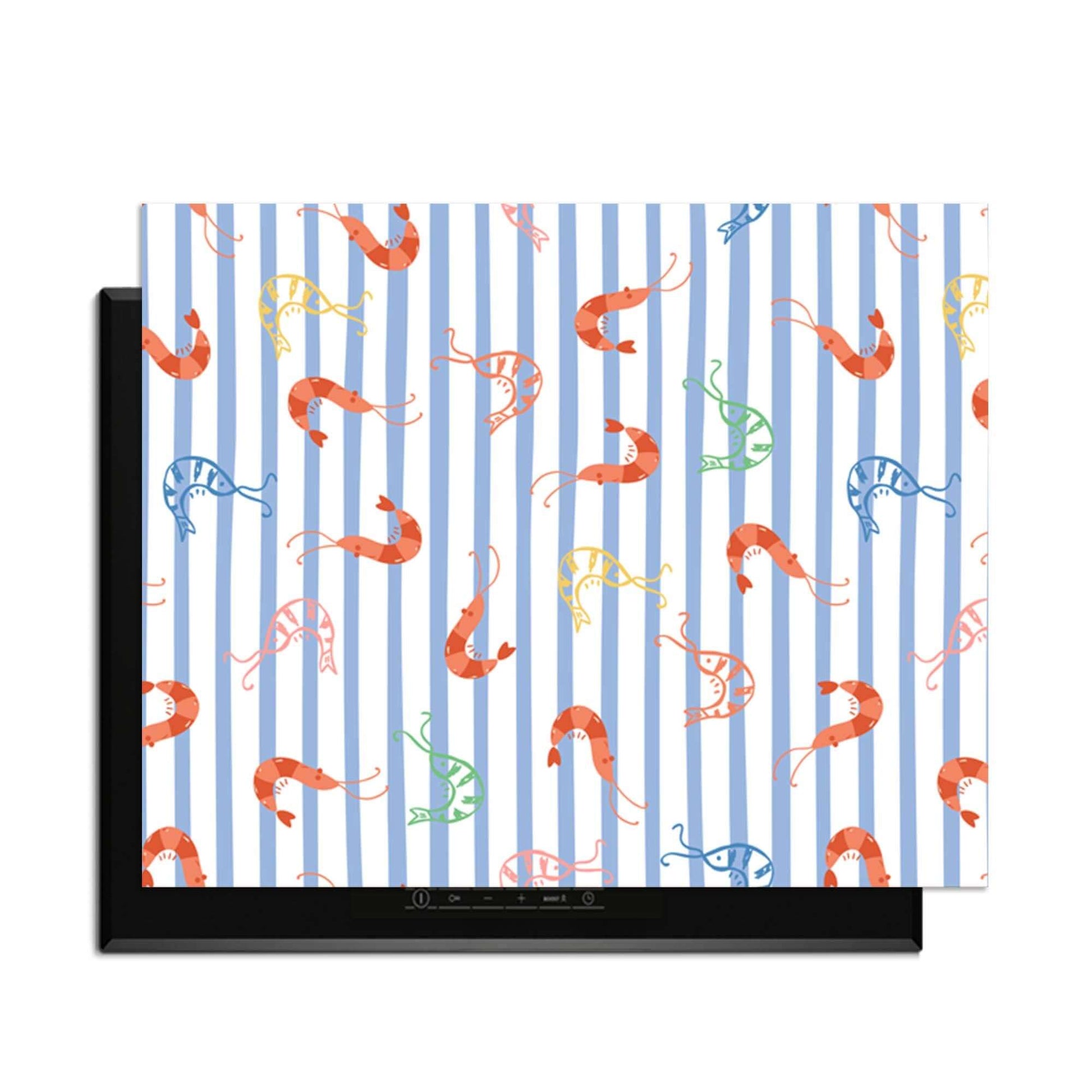 Prawn Stripes - Herdabdeckplatte mit Krabbenabbildungen auf mediterranen Streifen, italienisches Design für stilvollen Schutz von Induktionskochfeldern