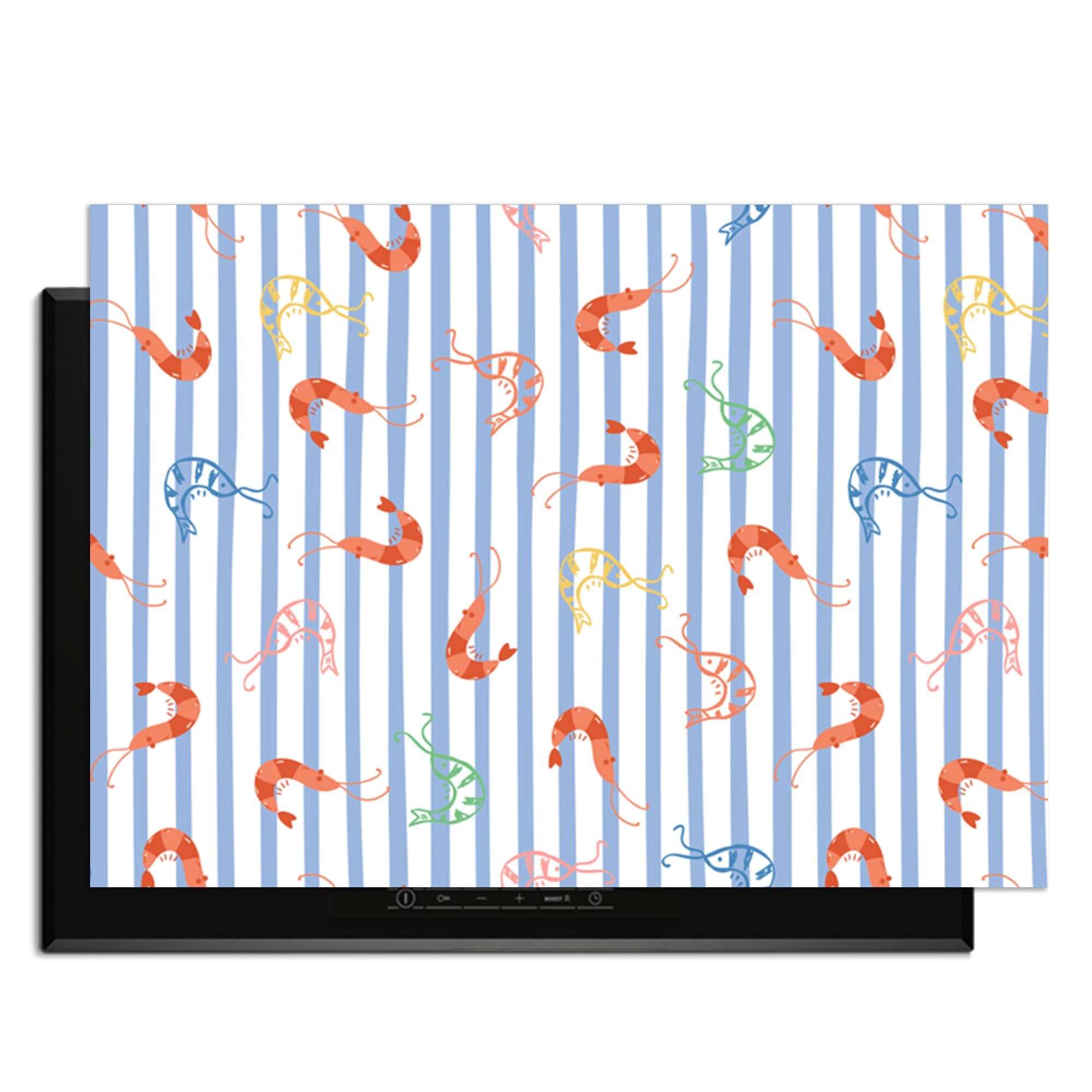 Prawn Stripes - Herdabdeckplatte mit bunten Krabben und mediterranen Streifen, verspieltes italienisches Design für stilvollen Schutz.