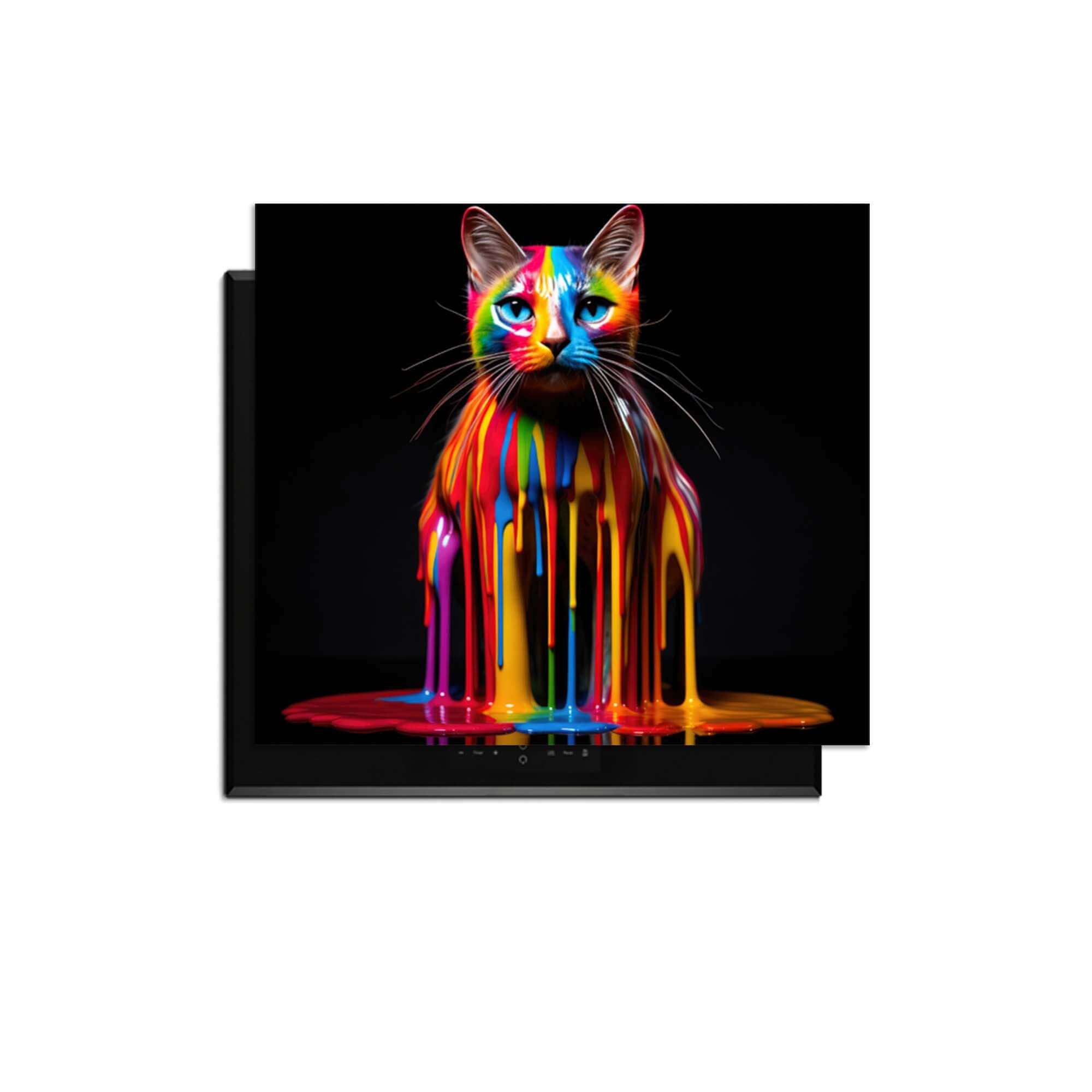 Rainbow Cat - Herdabdeckplatte mit bunten Farbtropfen, künstlerisch und funktionell für Induktionskochfelder.
