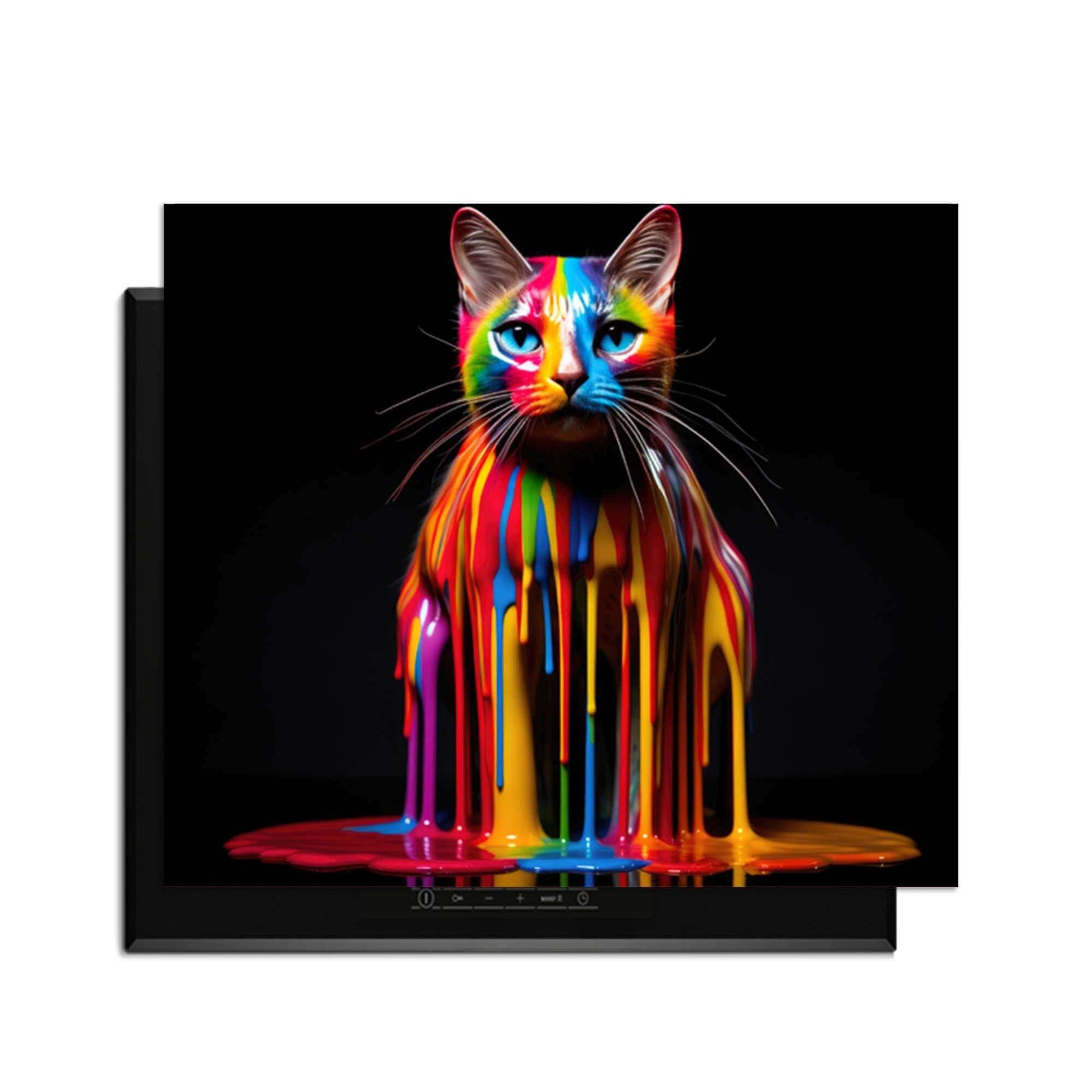 Rainbow Cat - Herdabdeckplatte mit bunten Farbtropfen und einem Induktionskochfeld im Hintergrund.