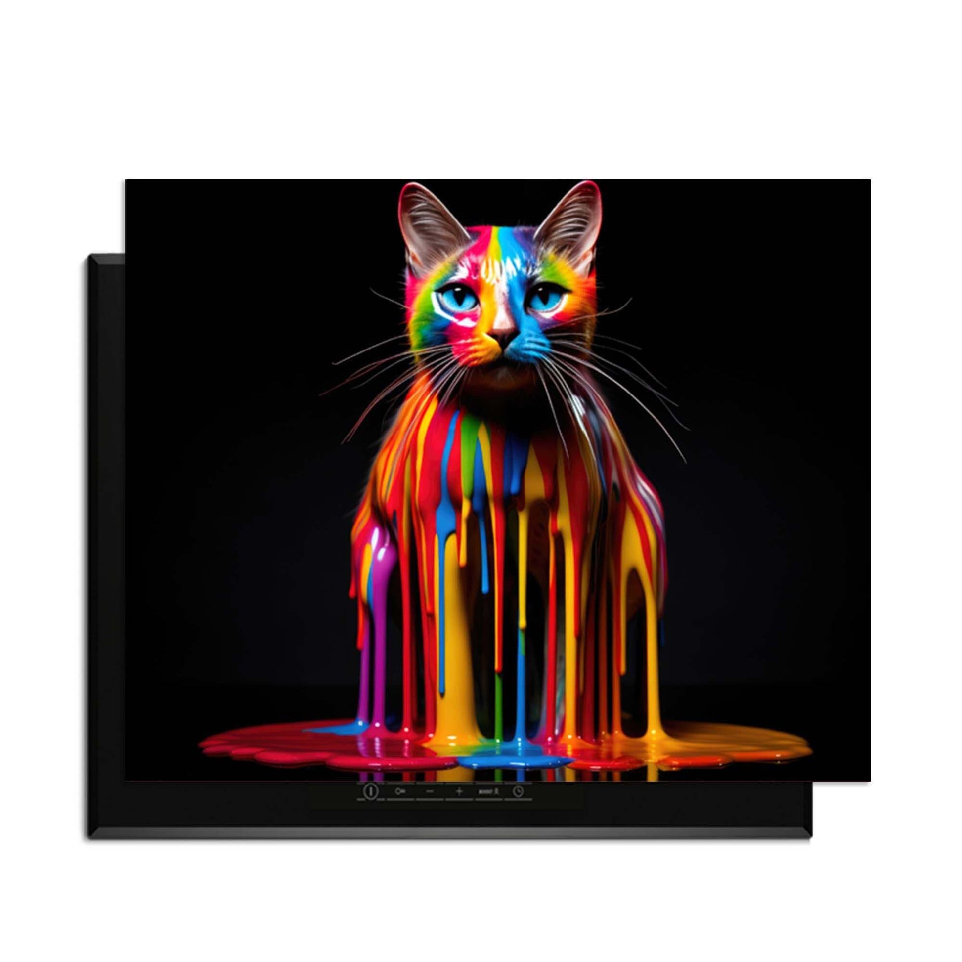 Rainbow Cat - Herdabdeckplatte Design mit bunten Farbtropfen auf schwarzem Hintergrund.