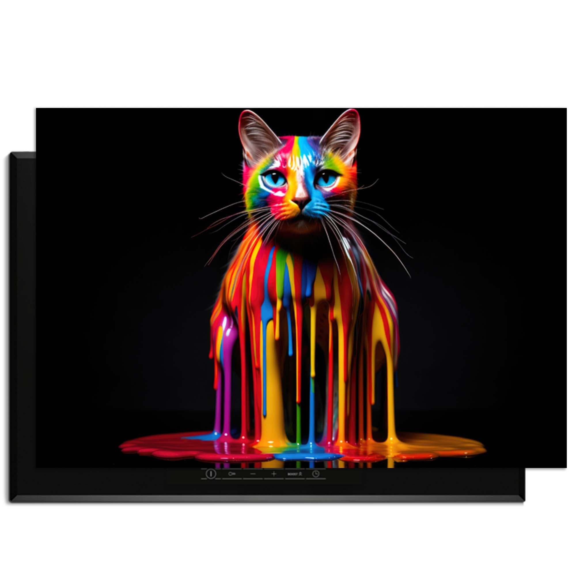 Rainbow Cat - Herdabdeckplatte mit bunter Farbe, die von der Katze auf einem Induktionskochfeld tropft.