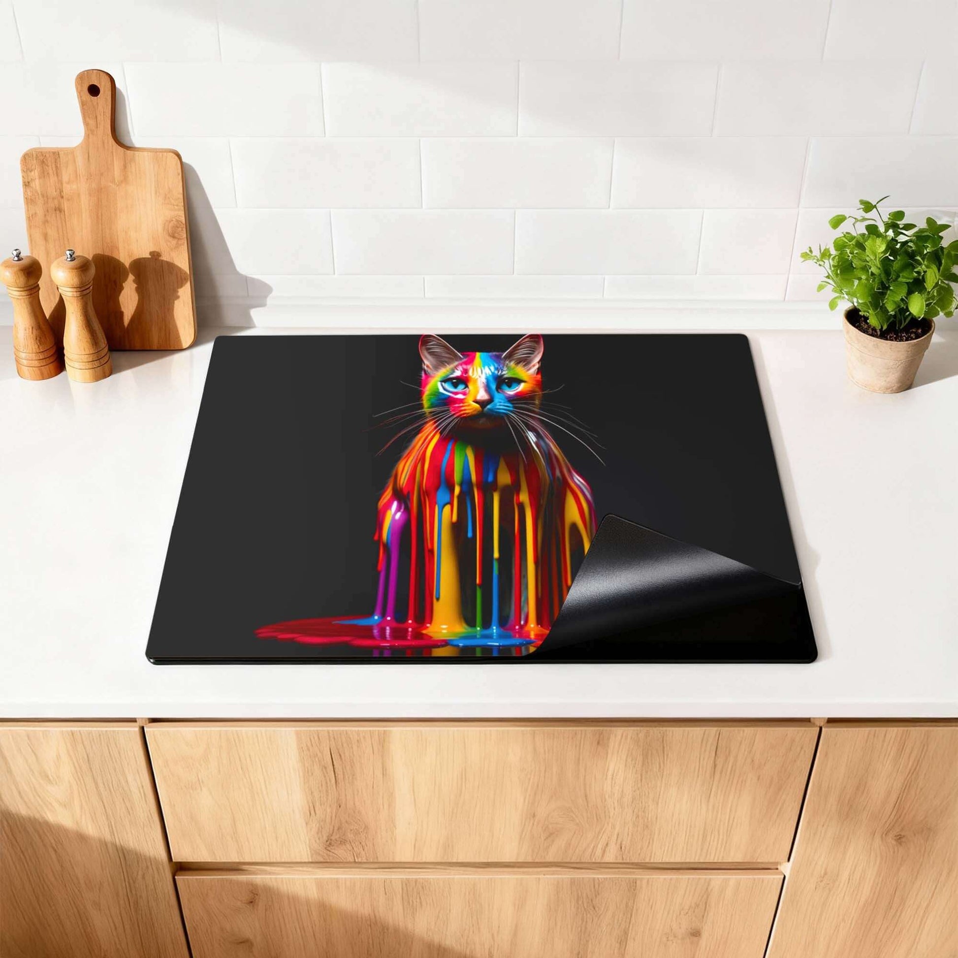 Rainbow Cat - Herdabdeckplatte für Induktionskochfelder mit farbenfrohem Design und stilvollem Look.