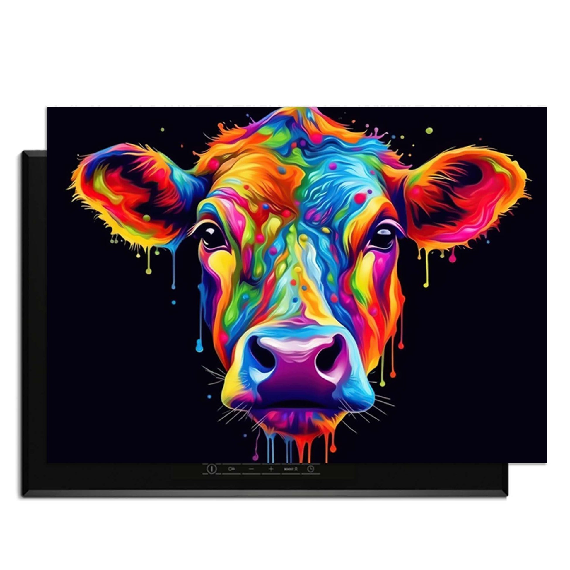 Rainbow Graze - Herdabdeckplatte mit bunter Kuh im abstrakten Stil auf schwarzem Hintergrund.