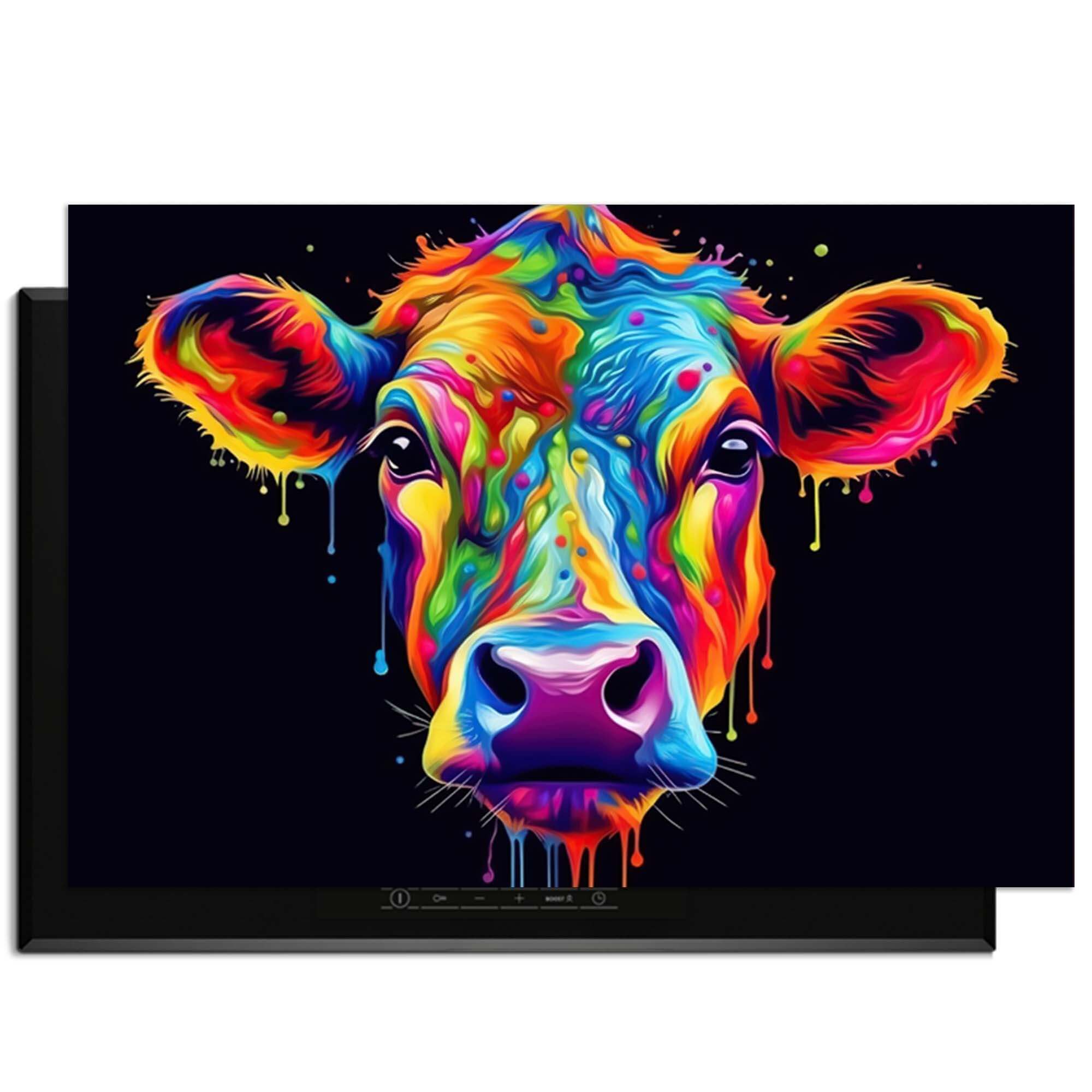 Rainbow Graze - Herdabdeckplatte-vorlage mit bunter Kuh auf schwarzem Hintergrund