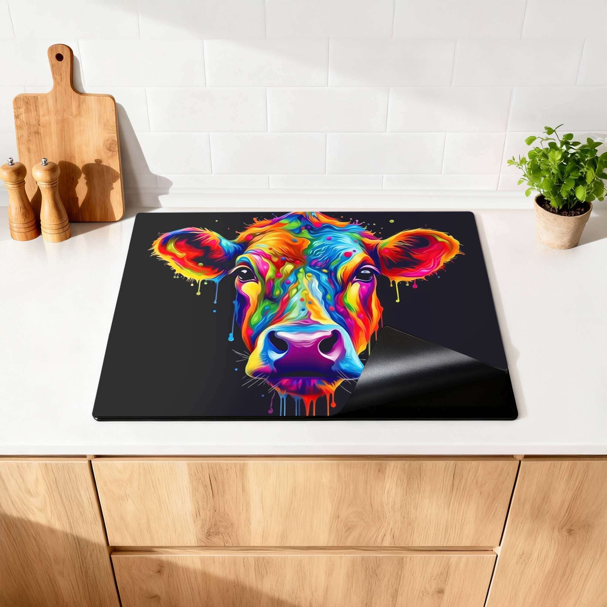 Bunter Rainbow Graze Herdabdeckplatte mit Kuhmotiv, stilvolles Küchenzubehör.