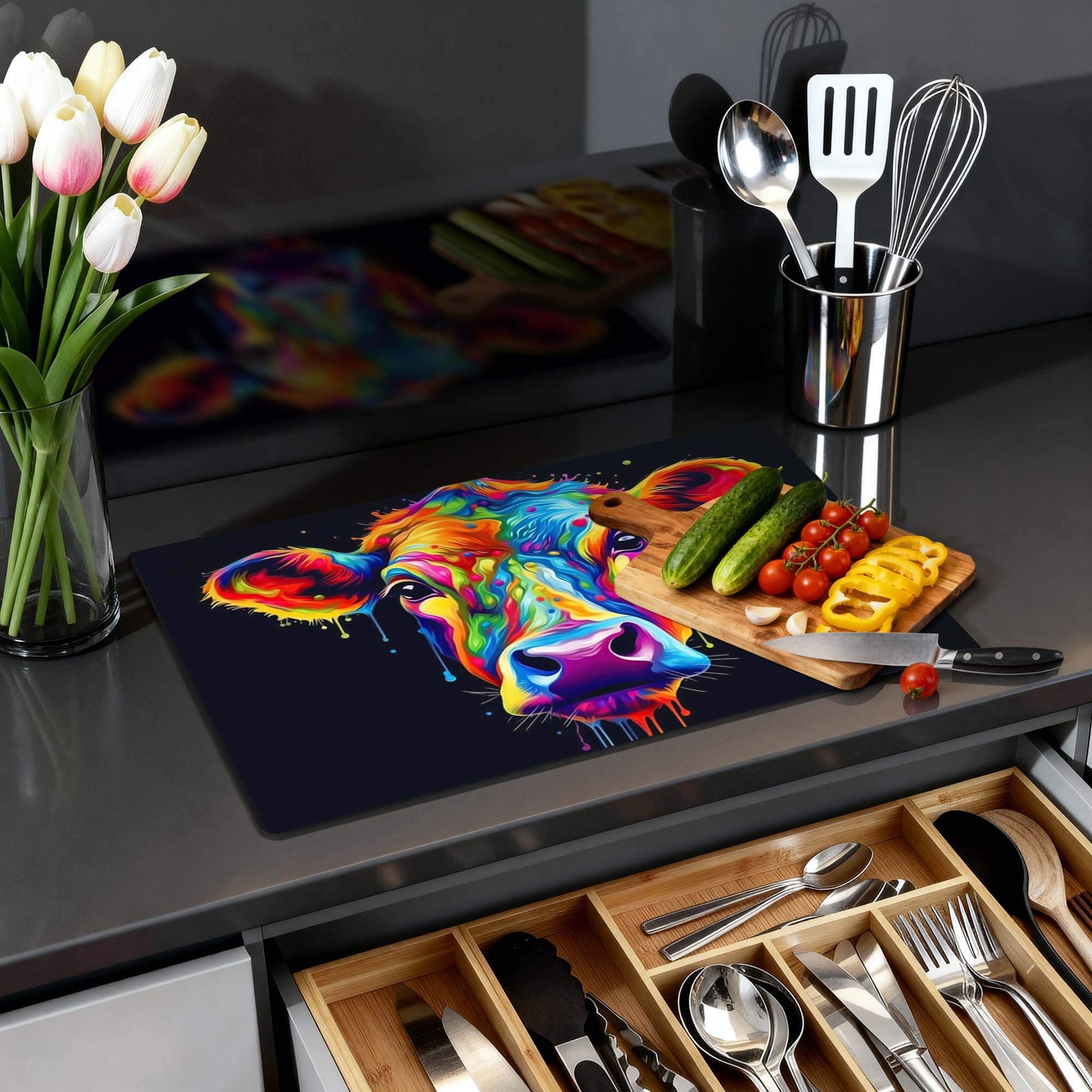 Rainbow Graze - Herdabdeckplatte auf einer modernen Küchenplatte mit buntem Bild und Zutaten.