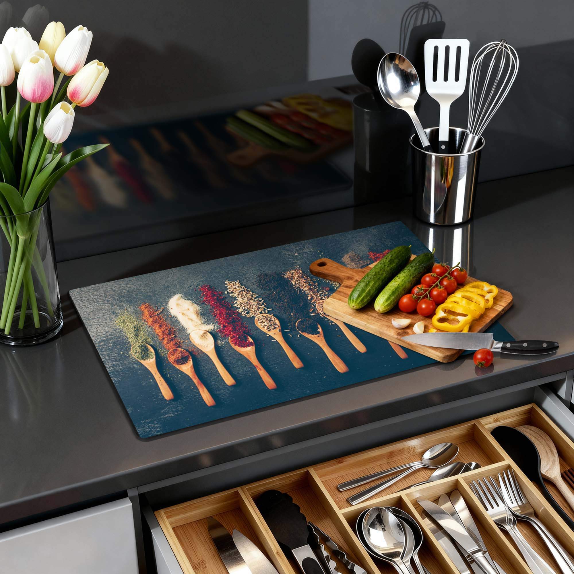 Rustic Flavors - Herdabdeckplatte für die Küchenarbeitsplatte mit Gemüse- und Kräuterbehältern für Schutz und Stil.