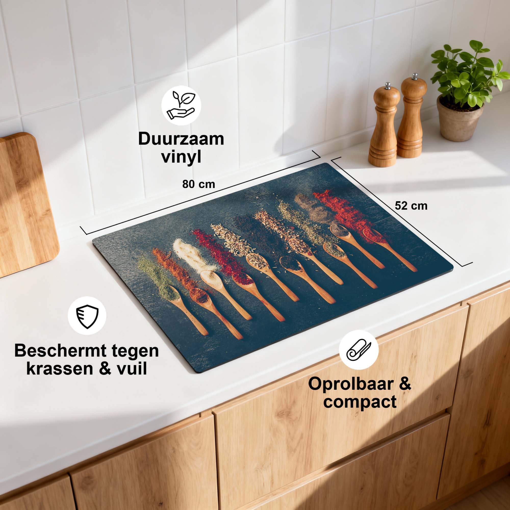 Rustic Flavors - Herdabdeckplatte auf einer Küchenarbeitsplatte aus strapazierfähigem Vinyl, 80x52 cm.