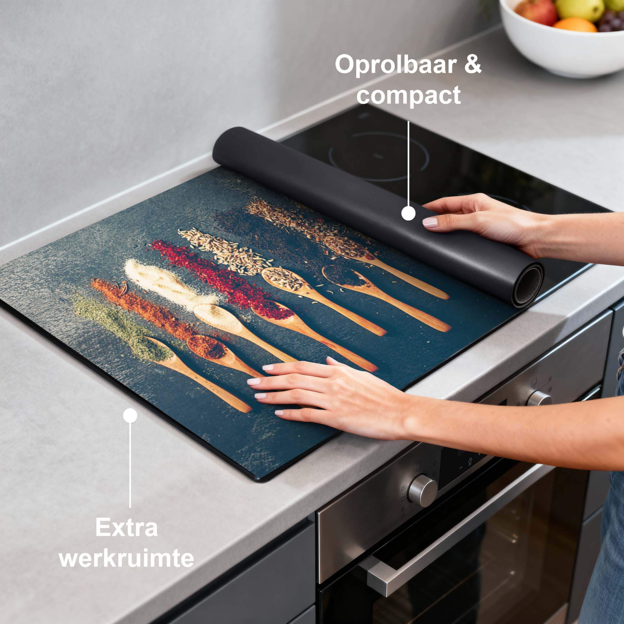 Rustic Flavors - Herdabdeckplatte auf einer modernen Küchenplatte mit extra Arbeitsfläche.