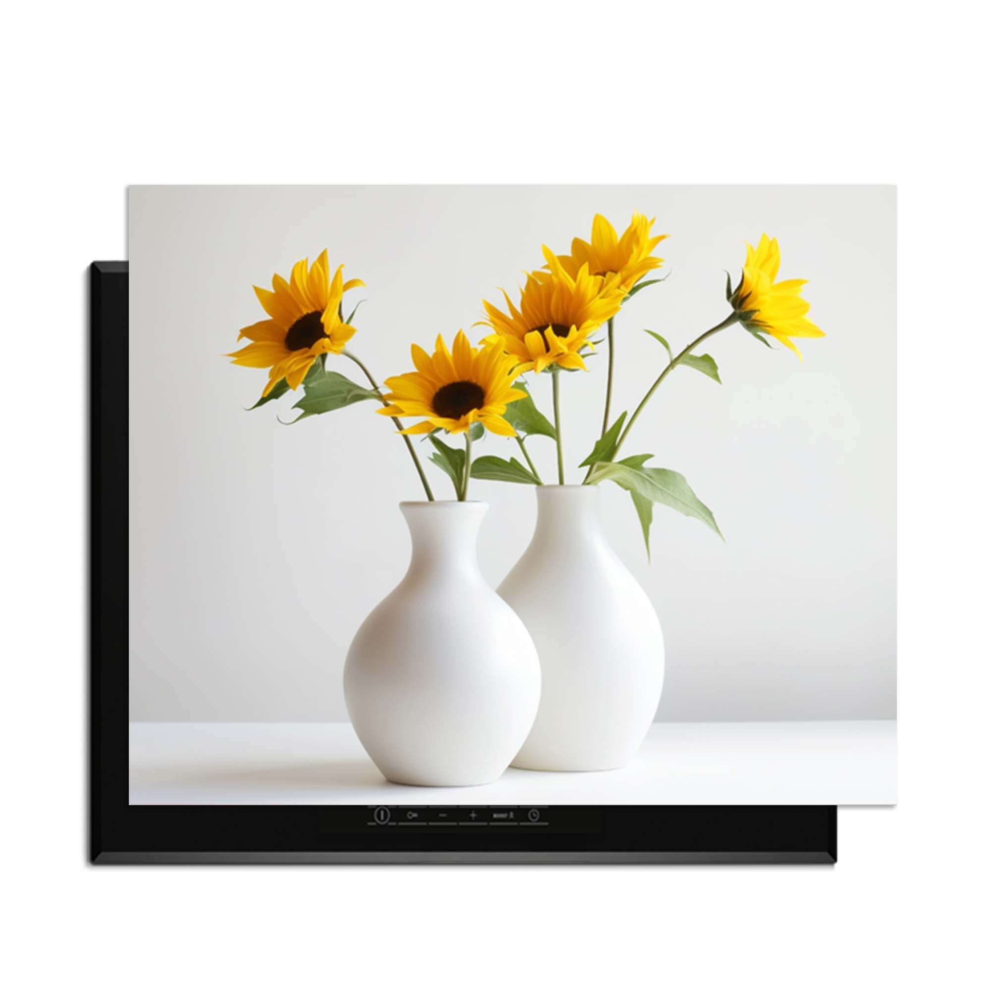 Serene Sunflowers - Herdabdeckplatte mit wunderschönen Sonnenblumen in weißen Vasen auf einem Induktionskochfeld.
