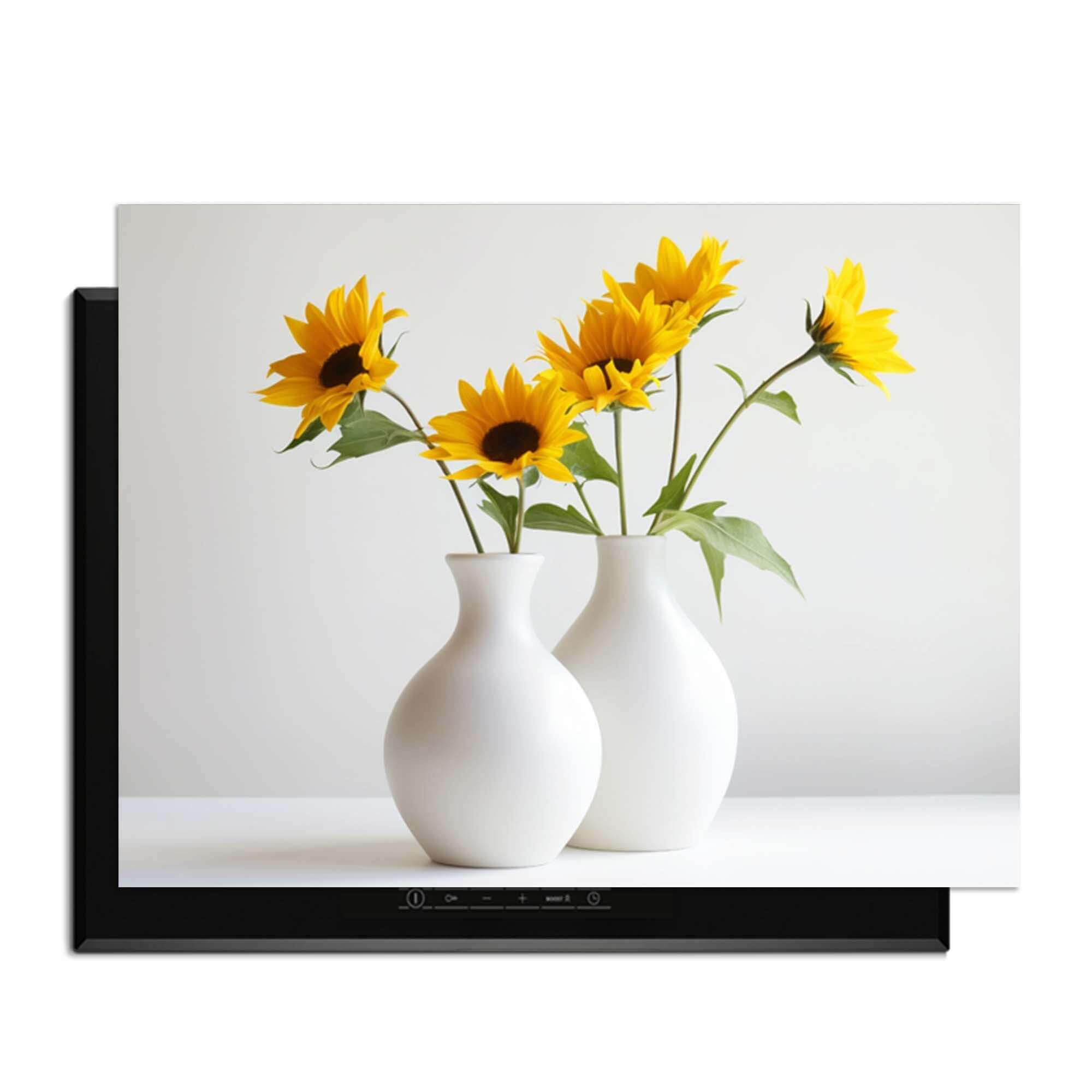 Serene Sunflowers - Herdabdeckplatte mit stilvollen Sonnenblumen in Vasen auf einem Induktionskochfeld.