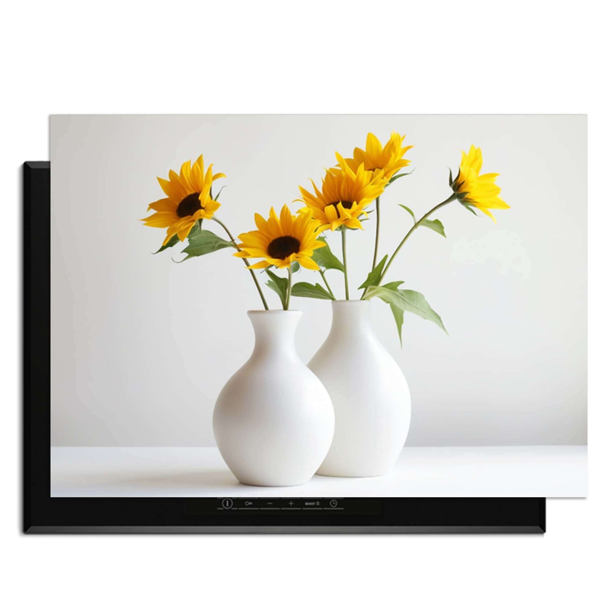 Serene Sunflowers - Herdabdeckplatte mit stilvollen Sonnenblumen in Vasen auf einem modernen Induktionskochfeld.