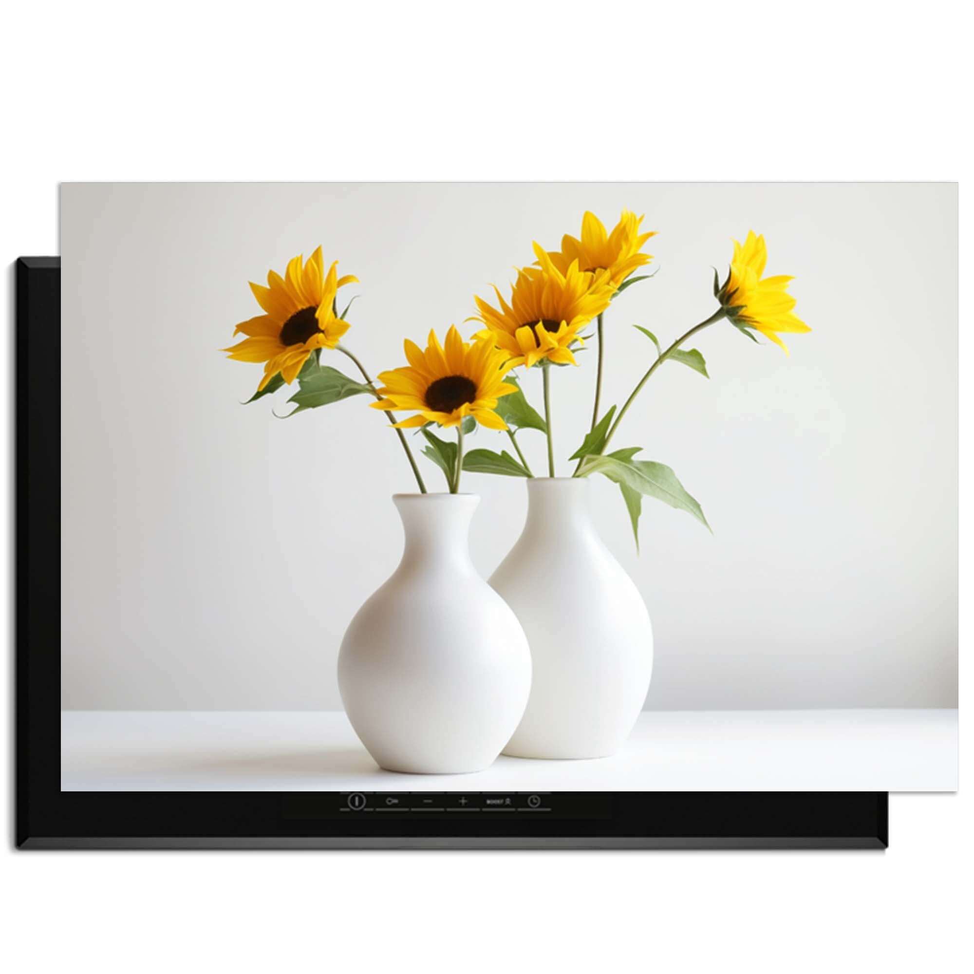 Serene Sunflowers - Herdabdeckplatte mit Sonnenblumen in weißen Vasen auf dem Induktionskochfeld.
