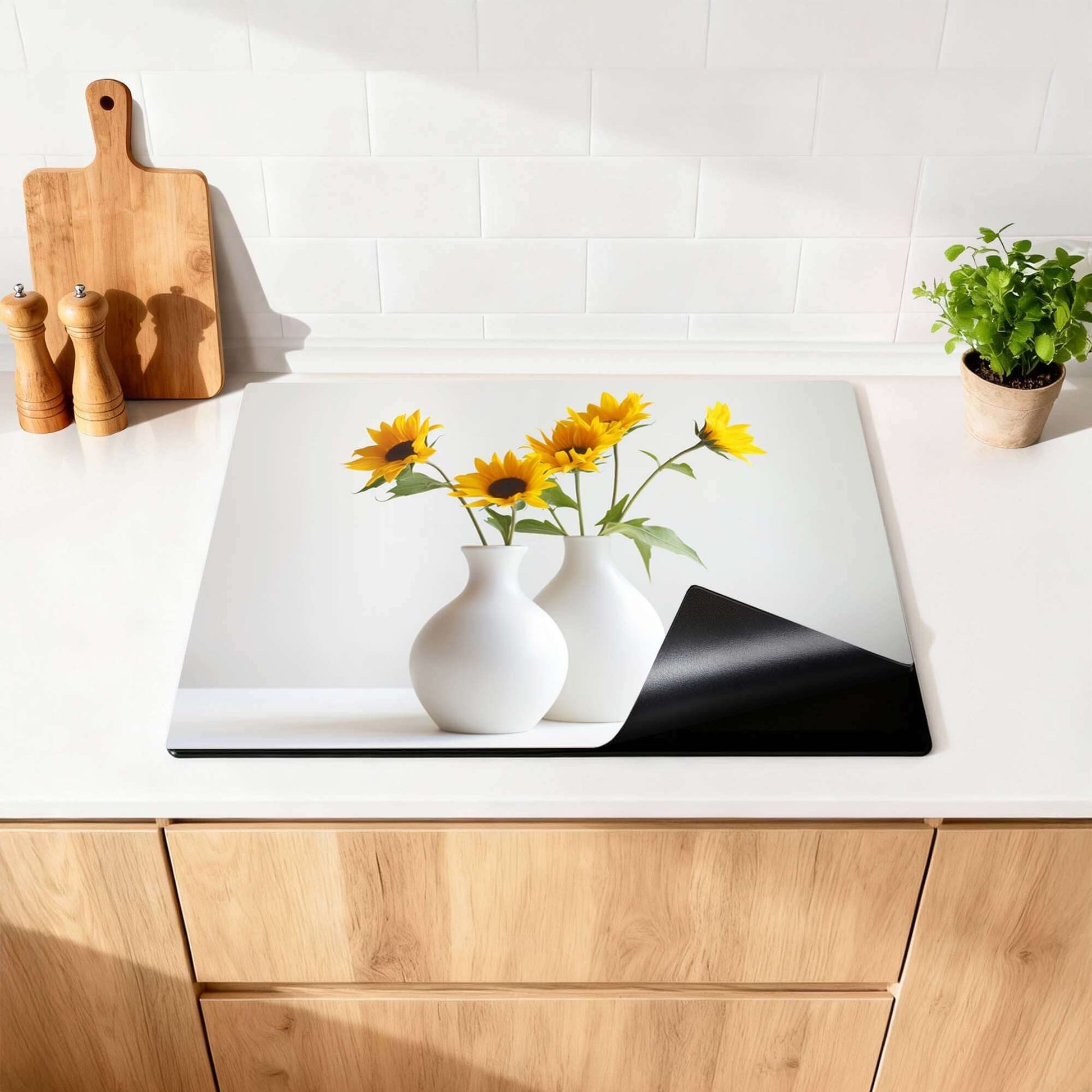 Serene Sunflowers - Herdabdeckplatte mit Sonnenblumen auf einer modernen Küchenplatte.