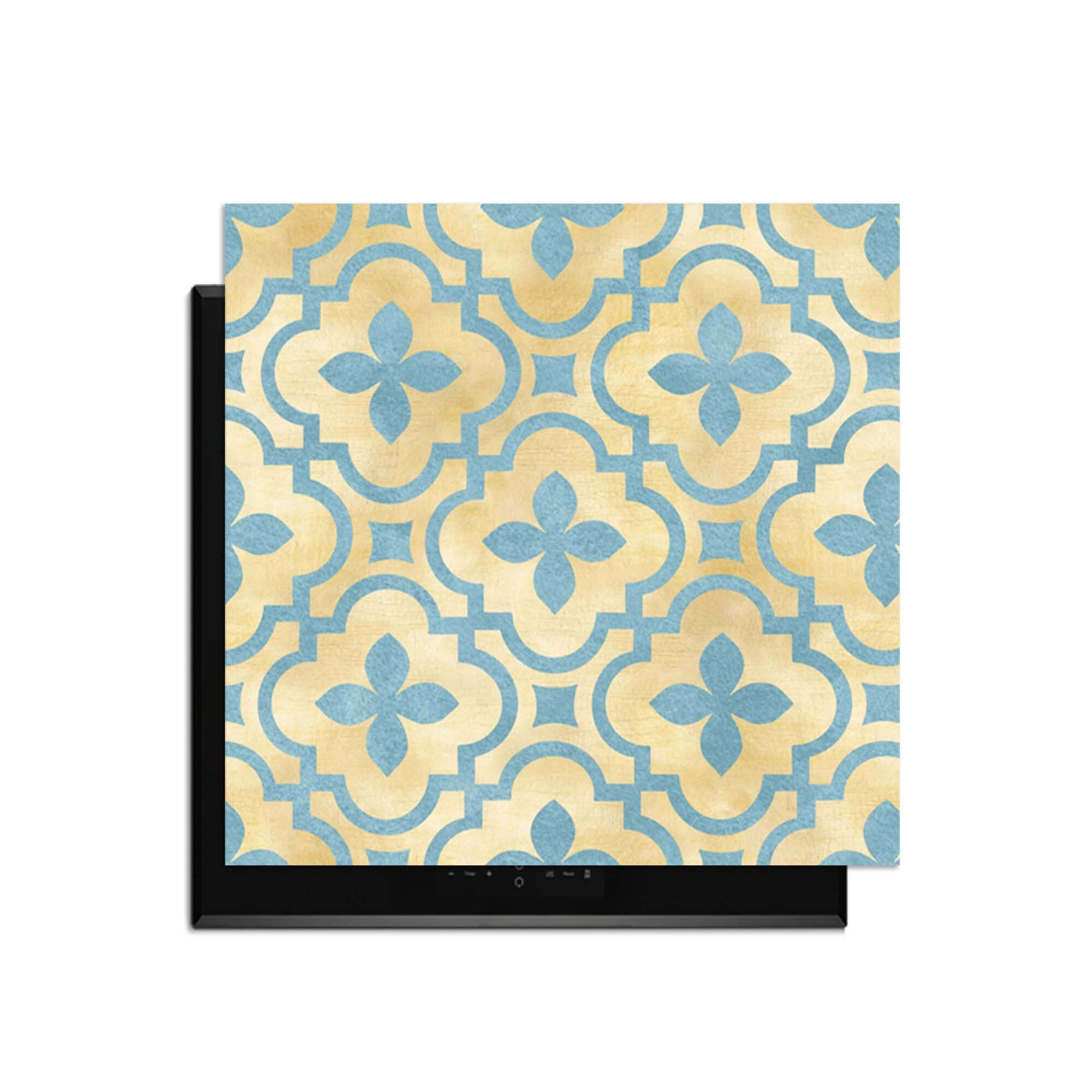 Soft Azure Blossom - Herdabdeckplatte mit goldenem und azurblauem Muster, Herdabdeckplatte für den eleganten Küchenstil