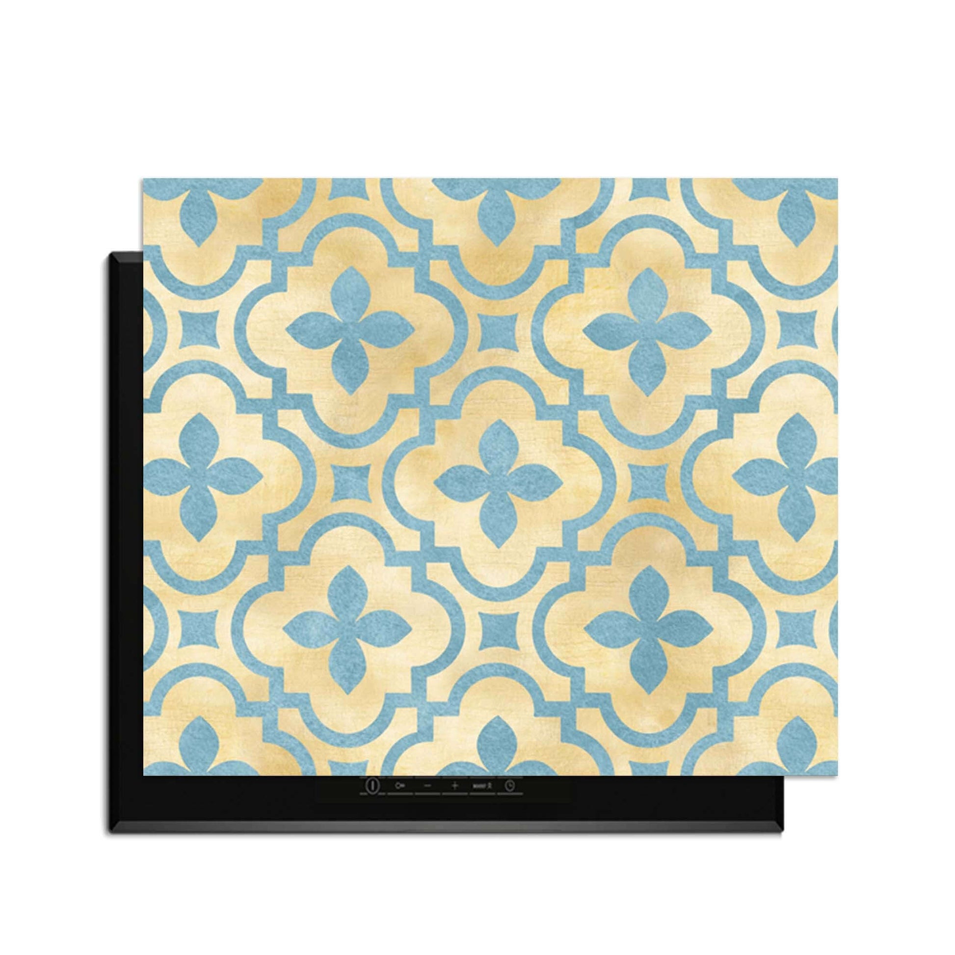Soft Azure Blossom - Herdabdeckplatte mit goldenem und azurblauem Kachelmotiv, Herdabdeckplatte in elegantem Design.