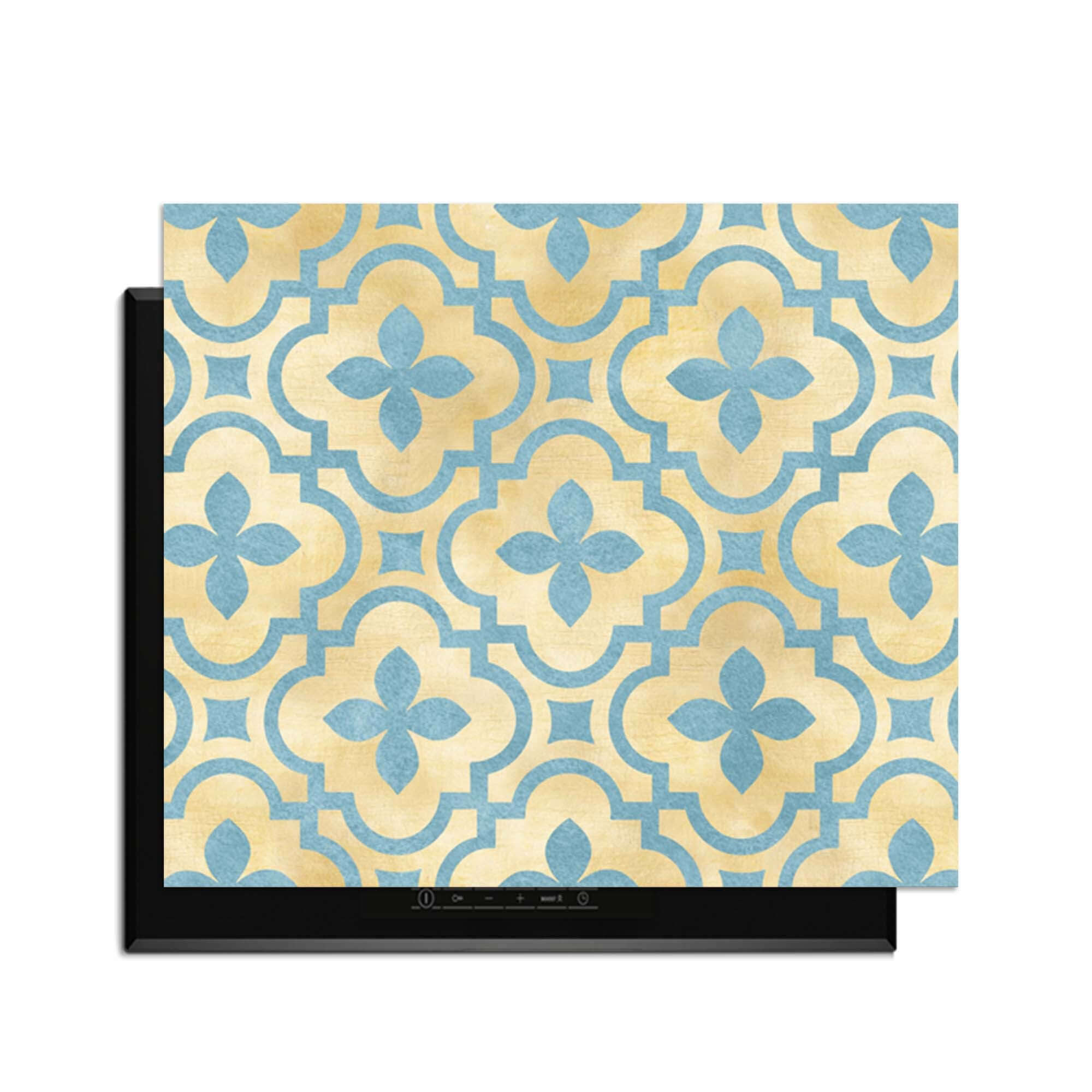 Soft Azure Blossom - Herdabdeckplatte mit goldenem und azurblauem Kachelmotiv, Herdabdeckplatte in elegantem Design.