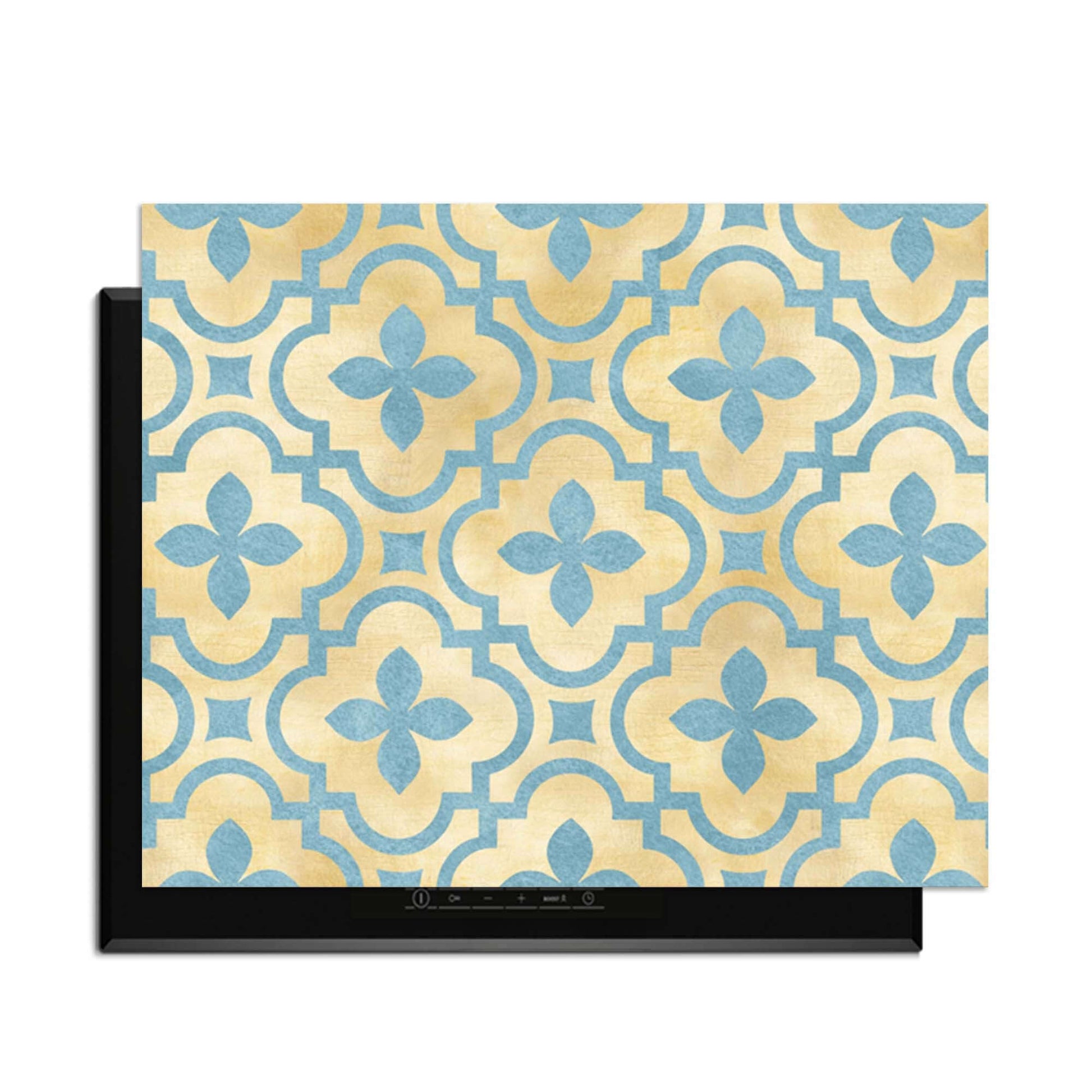 Soft Azure Blossom - Herdabdeckplatte mit Kachelmotiv in Goldtönen und Azurblau, idealer Herdabdeckplatte für jede Küche.
