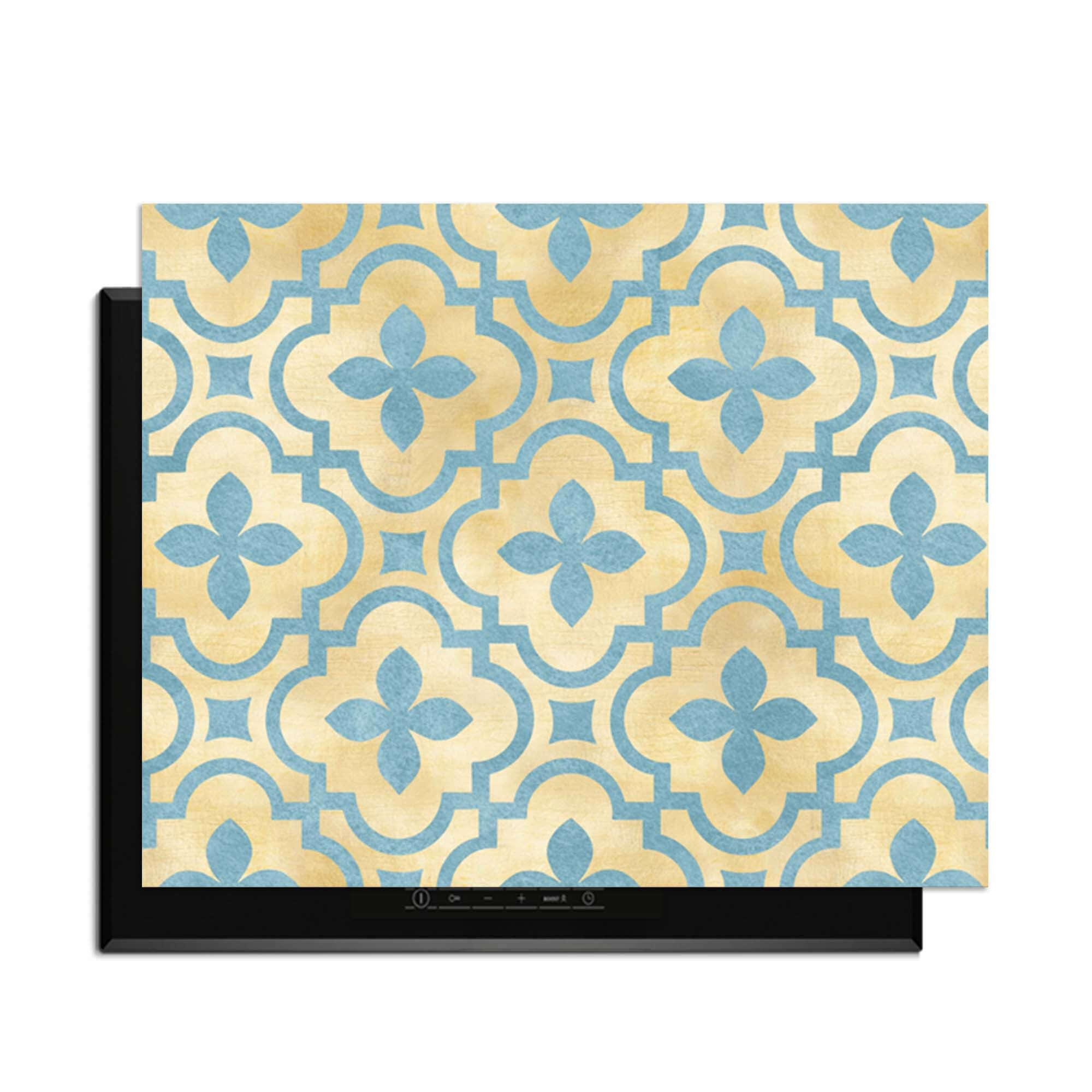 Soft Azure Blossom - Herdabdeckplatte mit Kachelmotiv in Goldtönen und Azurblau, idealer Herdabdeckplatte für jede Küche.