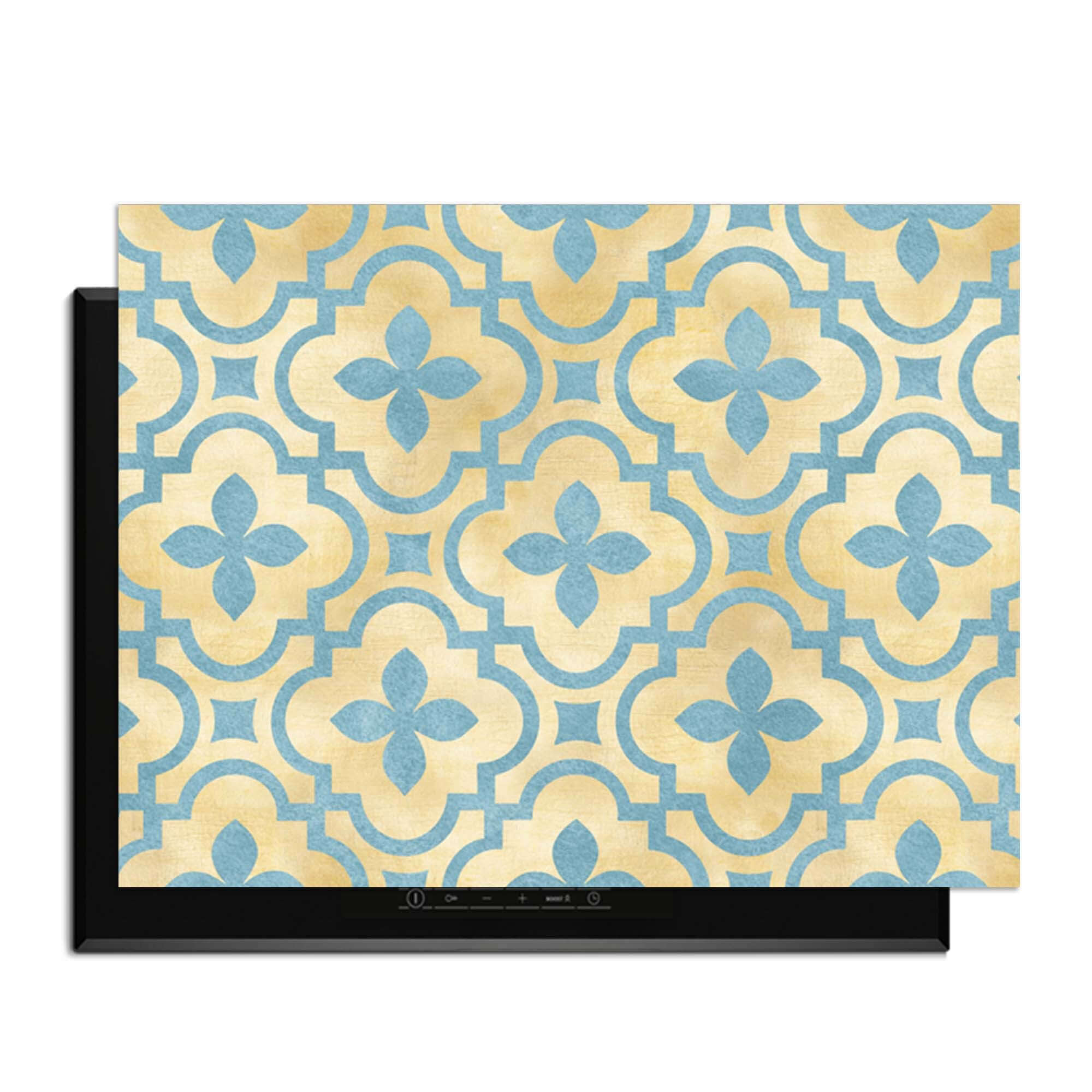Soft Azure Blossom - Herdabdeckplatte mit Goldtönen und azurblauem Kachelmotiv, idealer Herdabdeckplatte für jede Küche.
