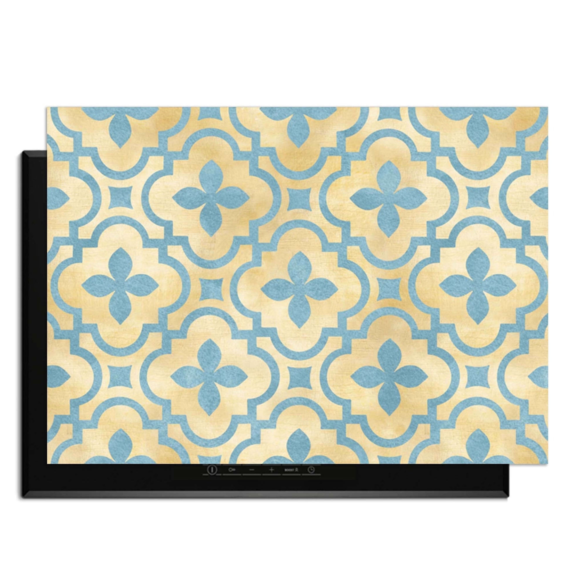 Soft Azure Blossom - Herdabdeckplatte mit goldenem und azurblauem Fliesendesign, idealer Herdabdeckplatte für jede Küche.