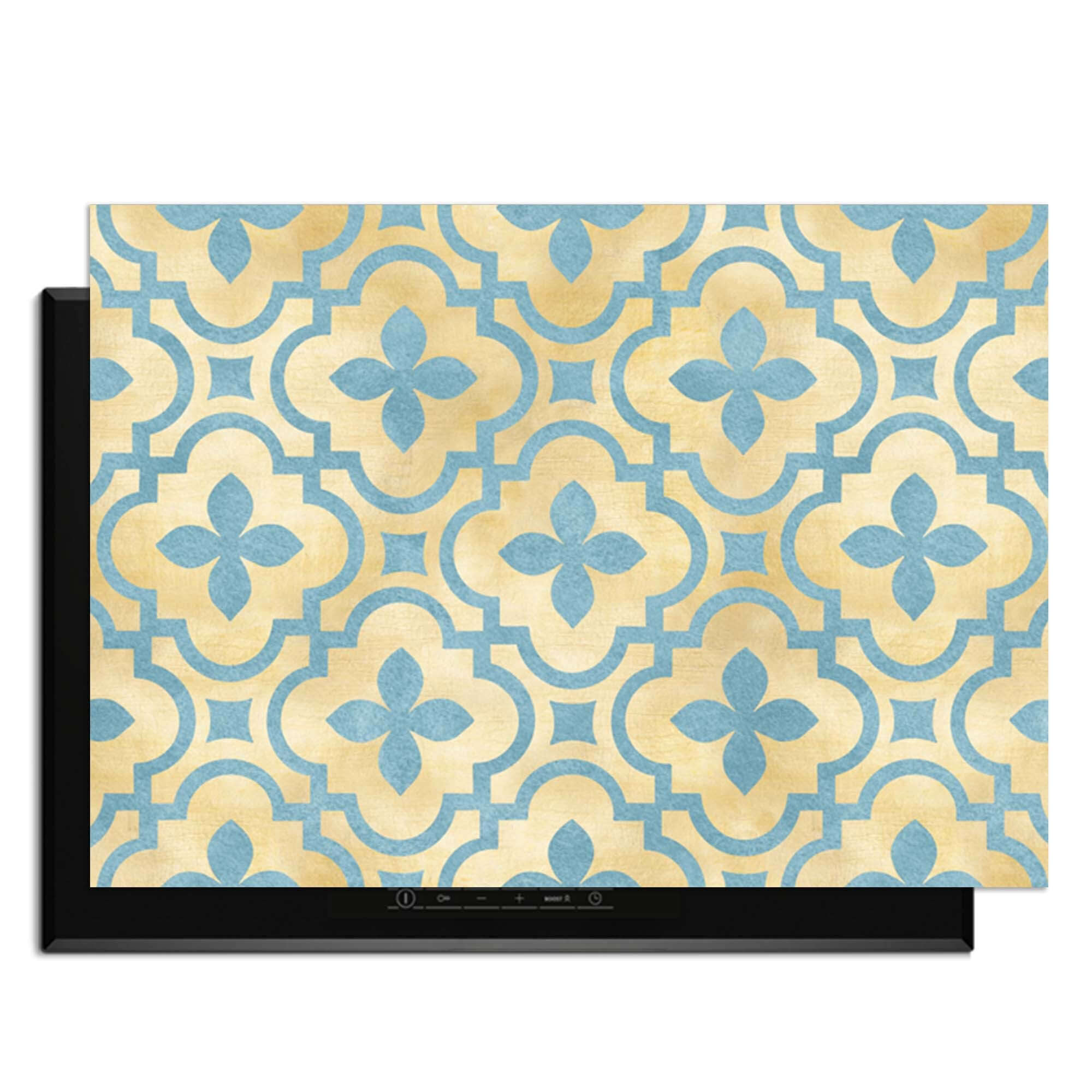 Soft Azure Blossom - Herdabdeckplatte mit goldenem und azurblauem Fliesendesign, idealer Herdabdeckplatte für jede Küche.