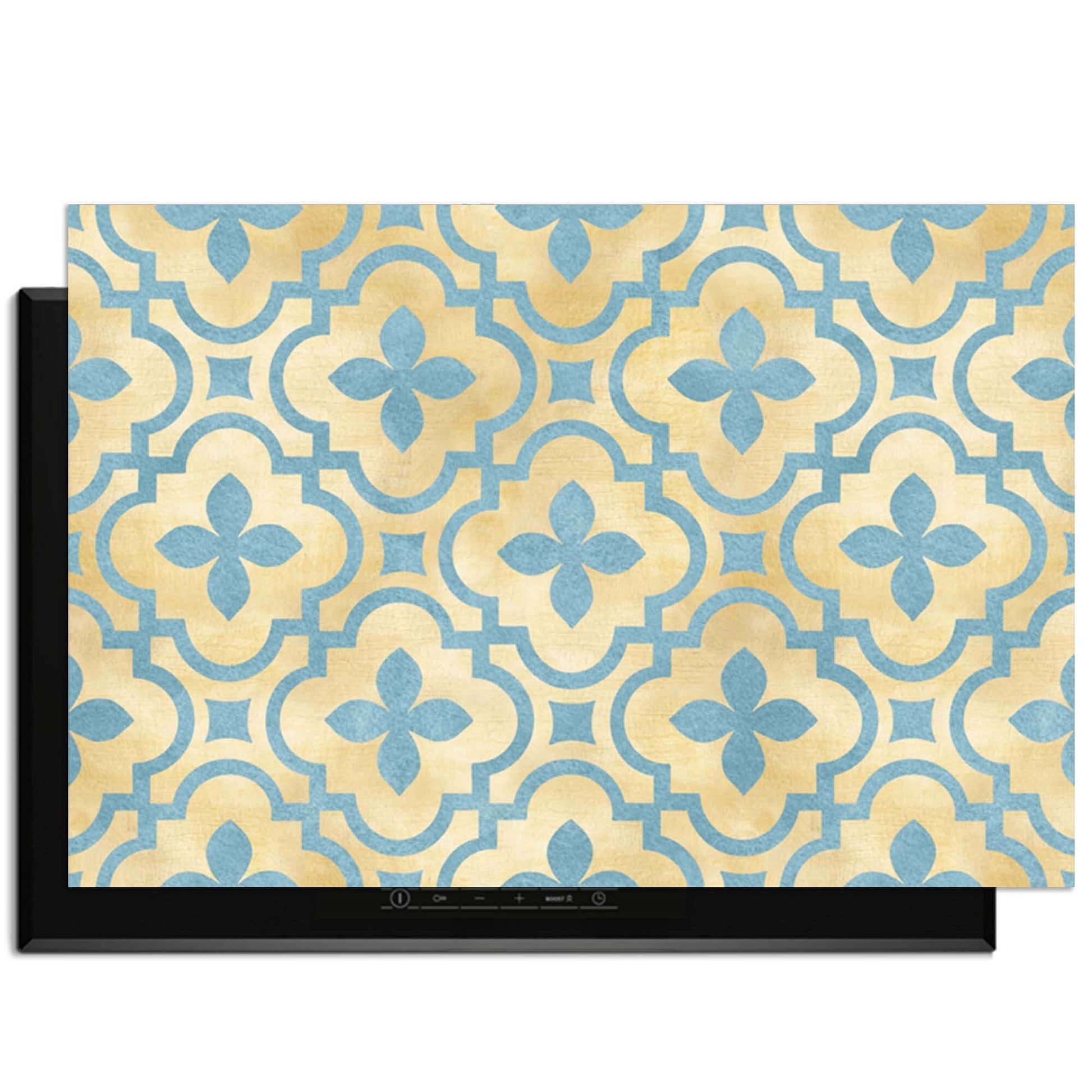 Soft Azure Blossom - Herdabdeckplatte mit Kachelmotiv in Goldtönen und Azurblau, ideal für den Schutz von Induktionskochfeldern.