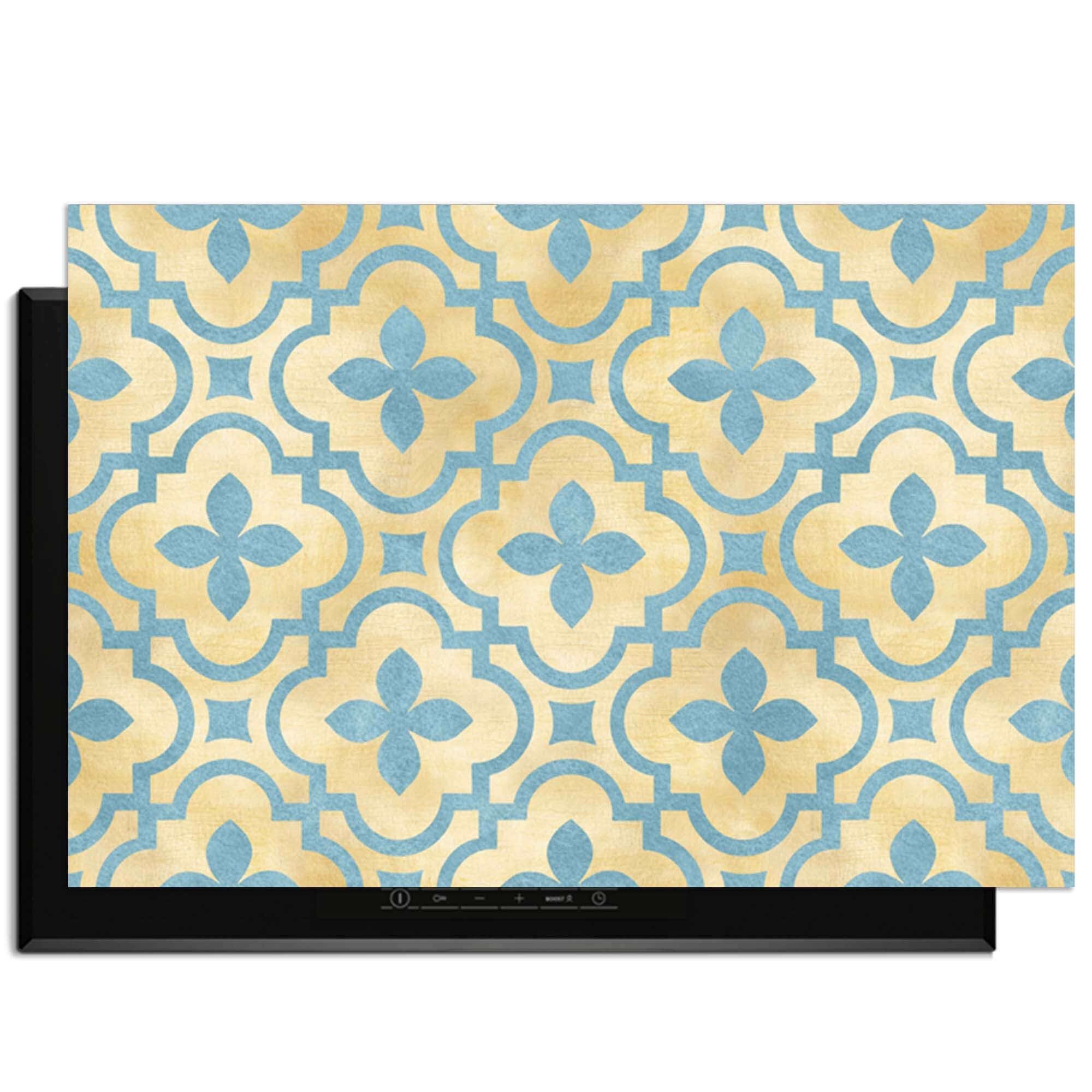 Soft Azure Blossom - Herdabdeckplatte mit Kachelmotiv in Goldtönen und Azurblau, ideal für den Schutz von Induktionskochfeldern.