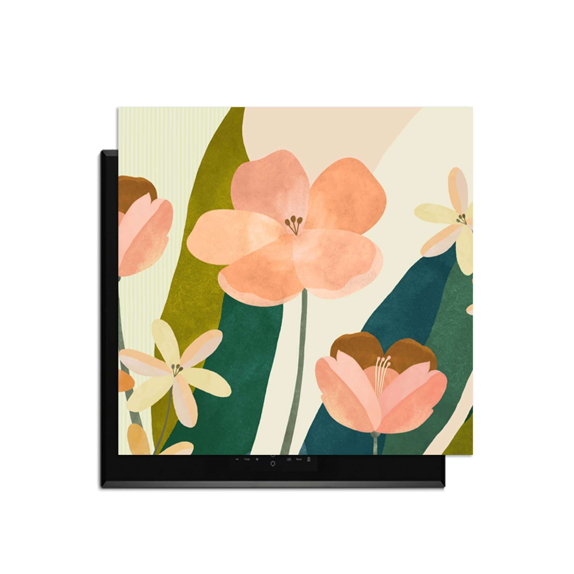 Soft Petals - Herdabdeckplatte mit botanischem Design in Pfirsich- und Korallentönen, schützt das Induktionskochfeld auf elegante Weise.