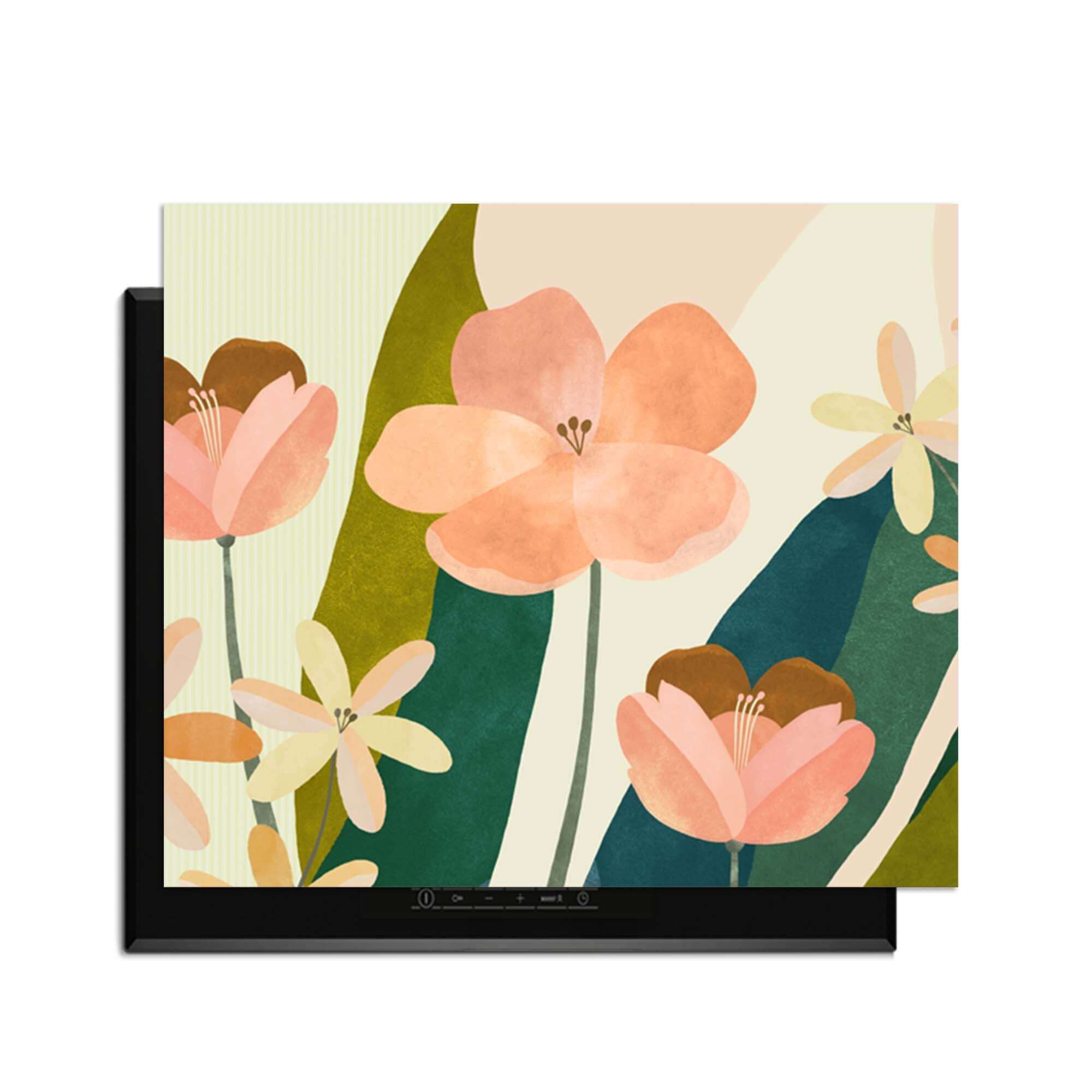Soft Petals - Herdabdeckplatte mit einem eleganten botanischen Design in Pfirsich-, Korallen- und Grüntönen zum Schutz der Küche.