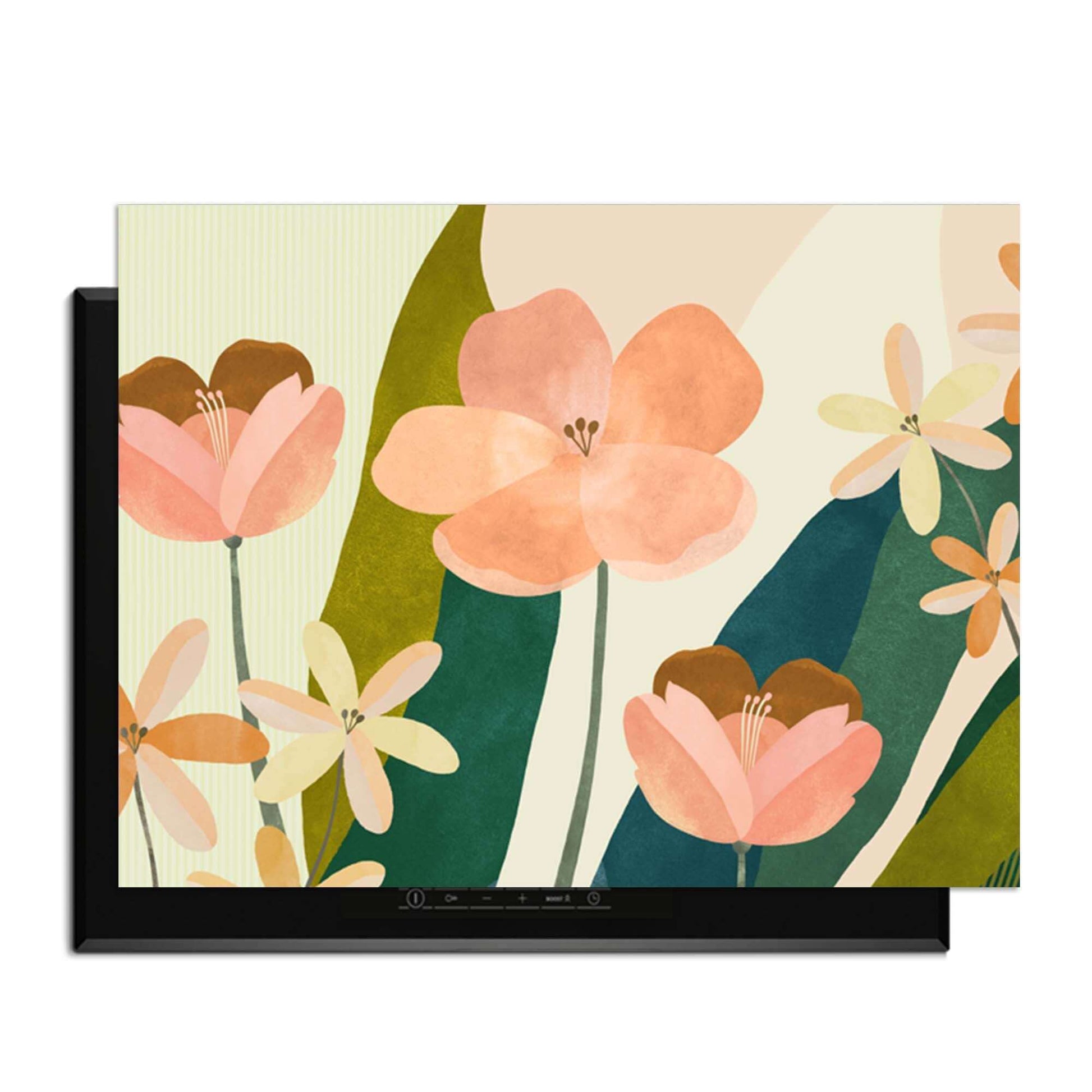 Soft Petals - Herdabdeckplatte mit Blumenmuster in Pfirsich- und Grüntönen, Schutz und Dekoration für die Küche.