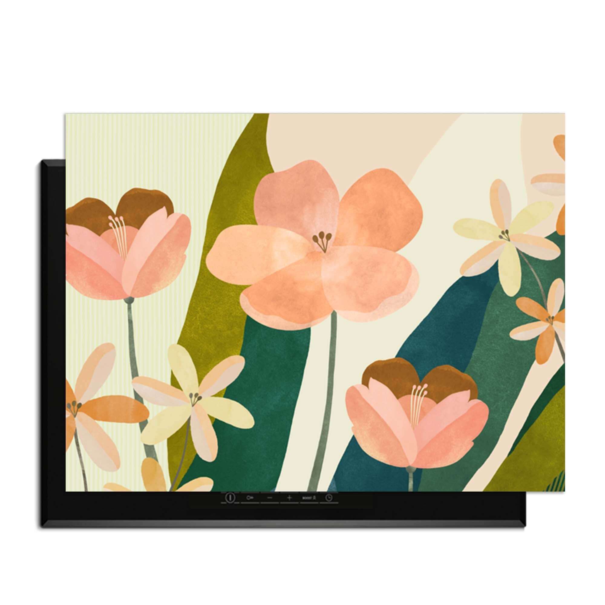 Soft Petals - Herdabdeckplatte mit Blumenmuster in Pfirsich- und Grüntönen, Schutz und Dekoration für die Küche.