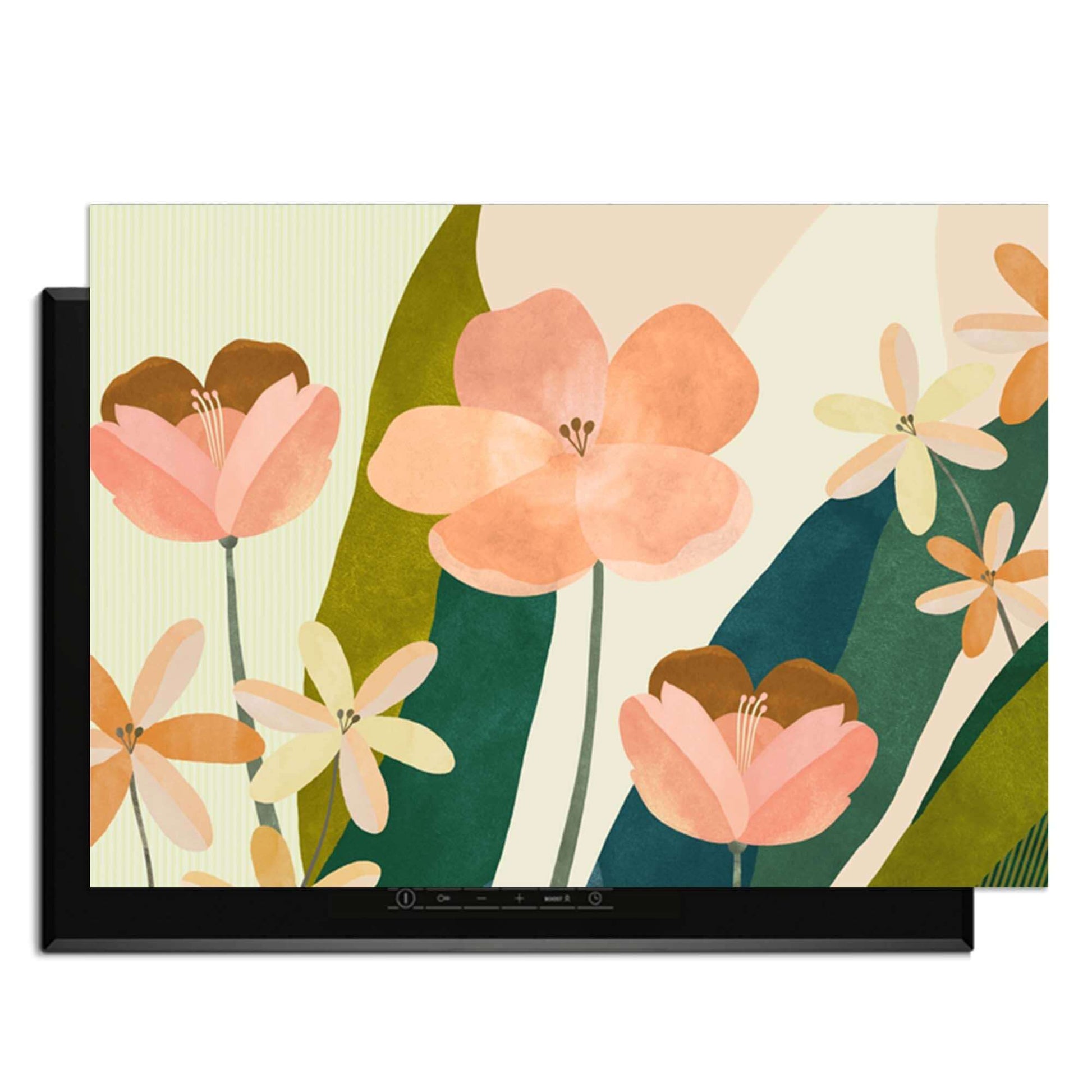 Soft Petals - Herdabdeckplatte mit eleganten botanischen Mustern in Pfirsich- und Korallentönen für einen weichen Küchenlook.
